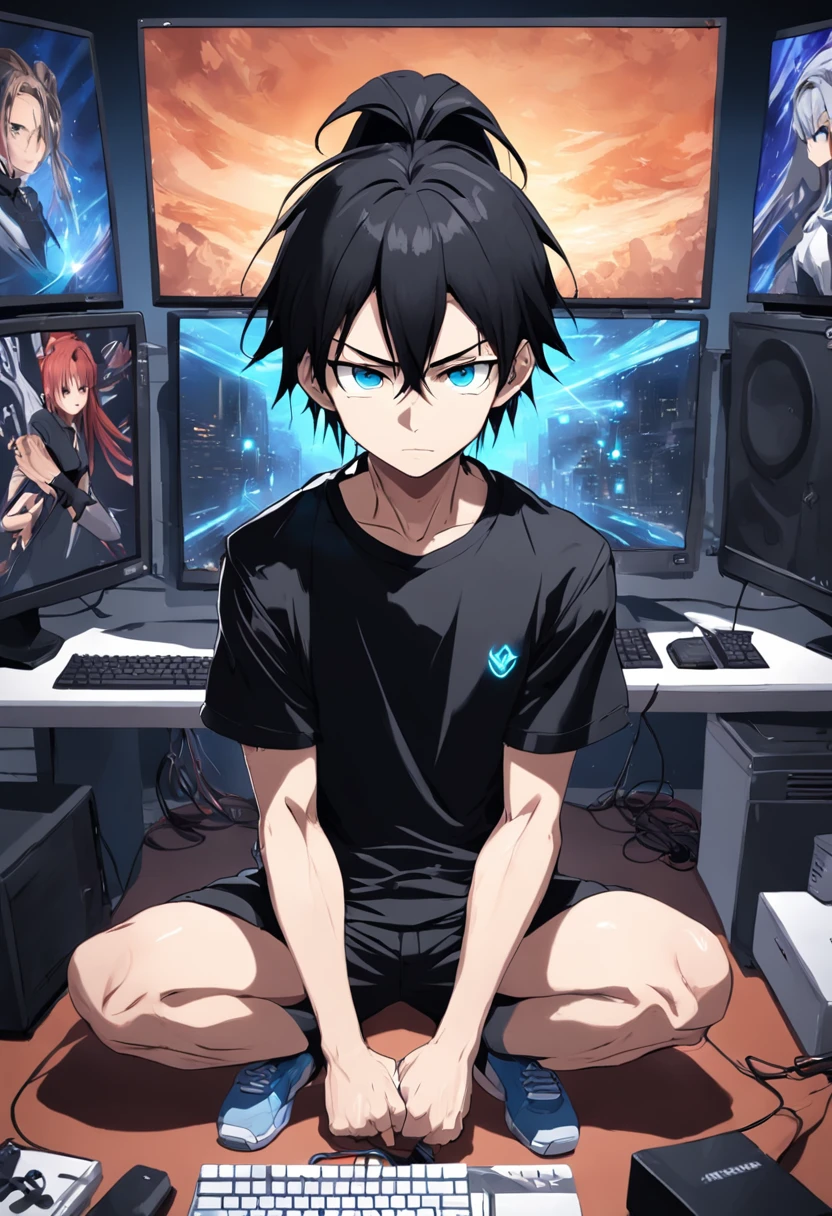 Crie uma imagem de um cara com cabelos longos e pretos, who are stuck in a ponytail. He's wearing a black outfit, including a black T-shirt and black pants. He has blue eyes and an expression of boredom on his face. Behind him, there are three monitors and a gaming PC. A imagem deve ser super detalhada, mostrando os detalhes dos cabelos, roupas e dos equipamentos de computador.