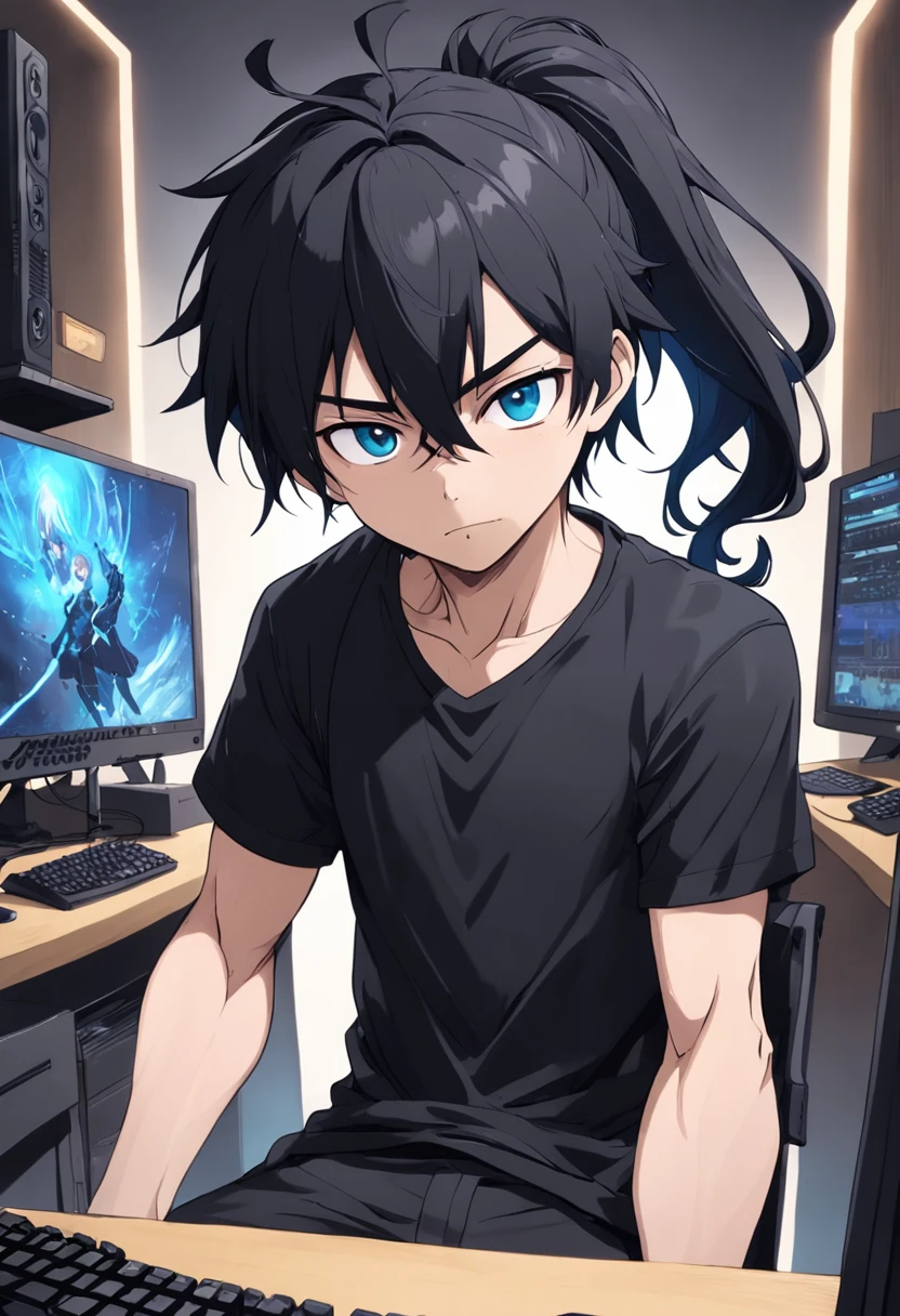 Crie uma imagem de um cara com cabelos longos e pretos, who are stuck in a ponytail. He's wearing a black outfit, including a black T-shirt and black pants. He has blue eyes and an expression of boredom on his face. Behind him, there are three monitors and a gaming PC. A imagem deve ser super detalhada, mostrando os detalhes dos cabelos, roupas e dos equipamentos de computador.