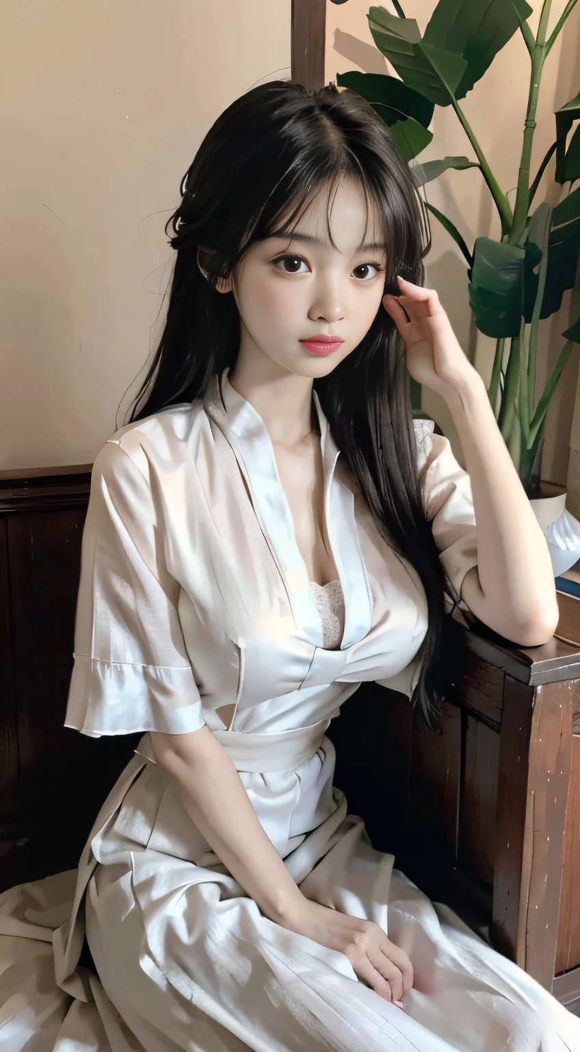 Master quality, highest quality, best picture quality, exaggerated details, a cute 8 asian little gth a shy expression, slightly squinted eyes, adjusting her hair, long eyelashes (long hair / very, very exaggerated big breasts, big tits / in petticoat dress tissue, ), posing sit in front of the camera, wet breast hanfu, slim and tall waist, silk lace, xintong chen, with open v acient chinese clothes, detail breast , detail cheast