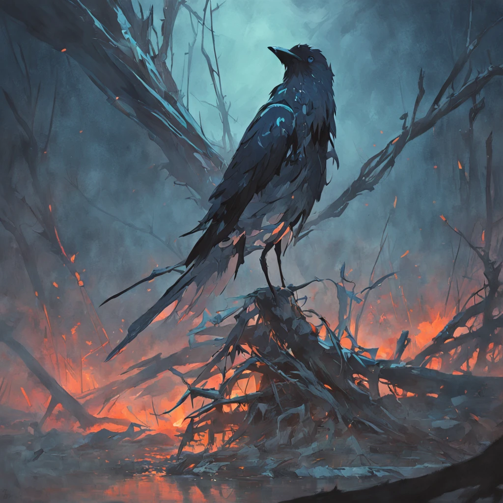 Two crows in a dead tree, Una sombra con forma de caminante, noche estrellada, Niebla espesa en el suelo, Luz azul en el horizonte, Motor Unreal 5, Kinematic, low angle photography, desenfoque de movimiento, profundidad de campo, polvo, Adoquines y suciedad. Arte de salpicaduras, goteo de pintura. Perfect color gradation. Influenciado por Karel Appel y Jeremy Mann, Full of dramatic and menacing scenes, hiperdetallado, Beautiful, Incredible details, Detalles intrincados, editorial photograph, Disparado con un objetivo de 50 mm, profundidad de campo, Tilt Blur, shutter speed 1/1000, f/22. Mapas de luz, super brillante