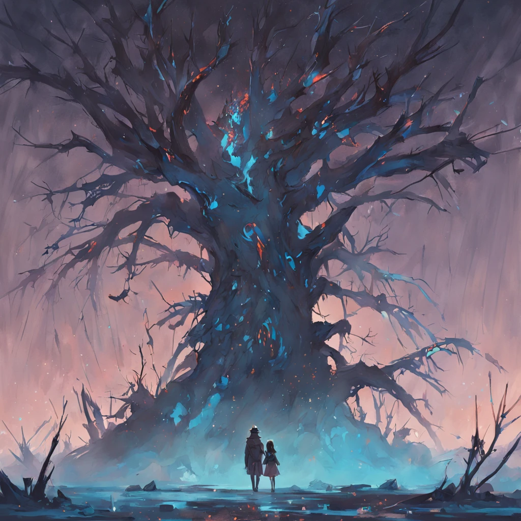 Two crows in a dead tree, Una sombra con forma de caminante, noche estrellada, Niebla espesa en el suelo, Luz azul en el horizonte, Motor Unreal 5, Kinematic, low angle photography, desenfoque de movimiento, profundidad de campo, polvo, Adoquines y suciedad. Arte de salpicaduras, goteo de pintura. Perfect color gradation. Influenciado por Karel Appel y Jeremy Mann, Full of dramatic and menacing scenes, hiperdetallado, Beautiful, Incredible details, Detalles intrincados, editorial photograph, Disparado con un objetivo de 50 mm, profundidad de campo, Tilt Blur, shutter speed 1/1000, f/22. Mapas de luz, super brillante