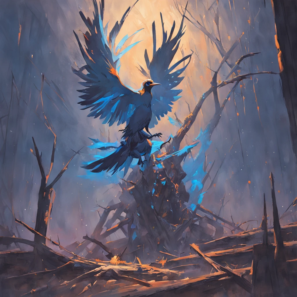Two crows in a dead tree, Una sombra con forma de caminante, noche estrellada, Niebla espesa en el suelo, Luz azul en el horizonte, Motor Unreal 5, Kinematic, low angle photography, desenfoque de movimiento, profundidad de campo, polvo, Adoquines y suciedad. Arte de salpicaduras, goteo de pintura. Perfect color gradation. Influenciado por Karel Appel y Jeremy Mann, Full of dramatic and menacing scenes, hiperdetallado, Beautiful, Incredible details, Detalles intrincados, editorial photograph, Disparado con un objetivo de 50 mm, profundidad de campo, Tilt Blur, shutter speed 1/1000, f/22. Mapas de luz, super brillante