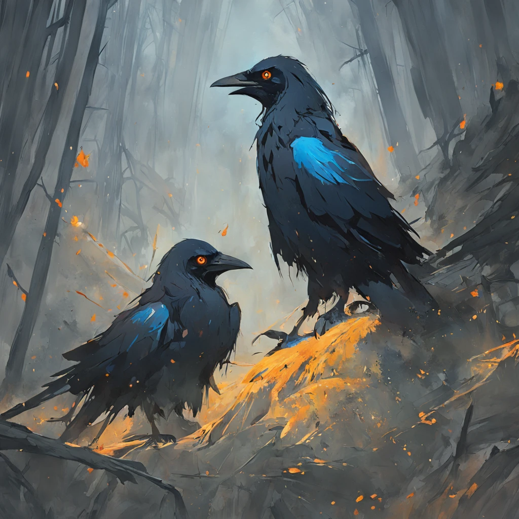 Two crows in a dead tree, Una sombra con forma de caminante, noche estrellada, Niebla espesa en el suelo, Luz azul en el horizonte, Motor Unreal 5, Kinematic, low angle photography, desenfoque de movimiento, profundidad de campo, polvo, Adoquines y suciedad. Arte de salpicaduras, goteo de pintura. Perfect color gradation. Influenciado por Karel Appel y Jeremy Mann, Full of dramatic and menacing scenes, hiperdetallado, Beautiful, Incredible details, Detalles intrincados, editorial photograph, Disparado con un objetivo de 50 mm, profundidad de campo, Tilt Blur, shutter speed 1/1000, f/22. Mapas de luz, super brillante