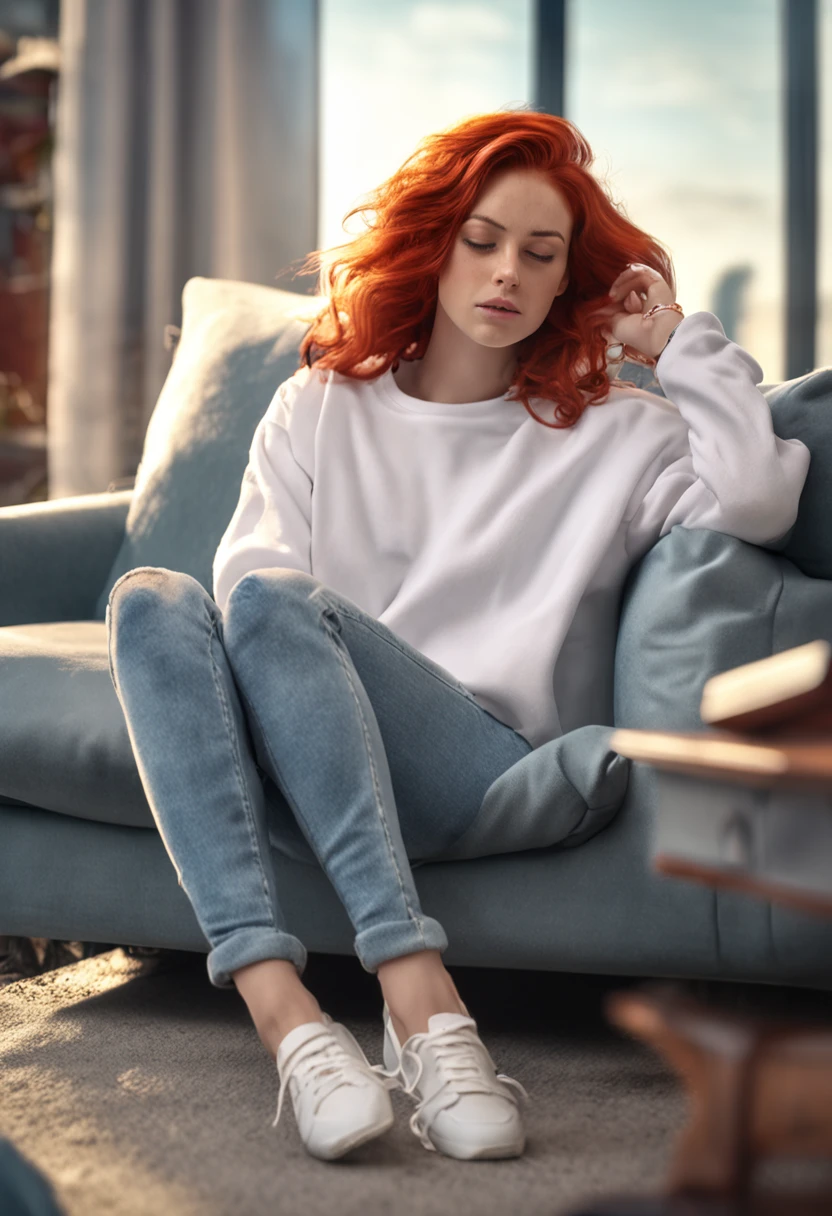 Masterpiece, mejor_Quality, 1girl, only, Sleeping, Lying on the sofa, in white sweatshirt, Long jeans, Socks. Red hair, Perfect face, 4k, HDR, Full HD, HDR, Proper lighting, sunset,