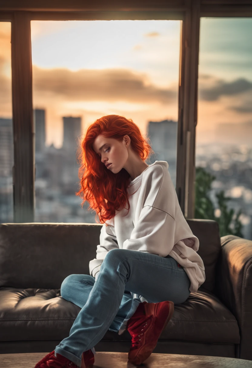 Masterpiece, mejor_Quality, 1girl, only, Sleeping, Lying on the sofa, in white sweatshirt, Long jeans, Socks. Red hair, Perfect face, 4k, HDR, Full HD, HDR, Proper lighting, sunset,