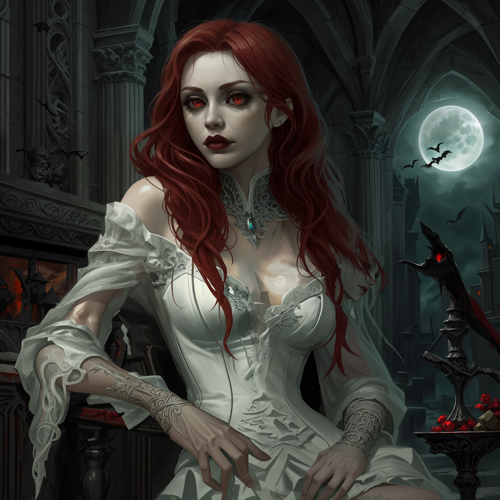 arafed, dark fantasy art, gothic art, (masterpiece: 1.5), full body best details, highly detailed, best quality, highres, a picture of a vampire waiting in a bar, full body portrait of a vampire, female(Masterpiece, best quality: 1.6), ultra feminine (intricate details, Masterpiece, best quality: 1.4) with a long curvy hair, red hair, red eyes (fantasy art, Masterpiece, best quality: 1.4), ((beautiful delicate face)), Ultra Detailed Face (intricate details, fantasy art, Masterpiece, best quality: 1.3), [vampiric fangs] (intricate details, fantasy art, Masterpiece, best quality: 1.5), [anatomically correct] red cloak, flowing cloak (intricate details, fantasy art, Masterpiece, best quality: 1.4), wearing an intricate leather [white] dress (intricate details, gothic art, Masterpiece, best quality: 1.4), high heeled boots, blood dripping on lips, urban bar background (intense details, beat details), fantasy, at night light, natural ,moon light, soft moon light, moon rays, clouds, gothic atmosphere, gothic bar background, bats flying in background, soft light, dynamic light, fantasy_night [[anatomically correct]], high details, best quality, 8k, [ultra detailed], masterpiece, best quality, (extremely detailed), dynamic angle, ultra wide shot, RAW, photorealistic