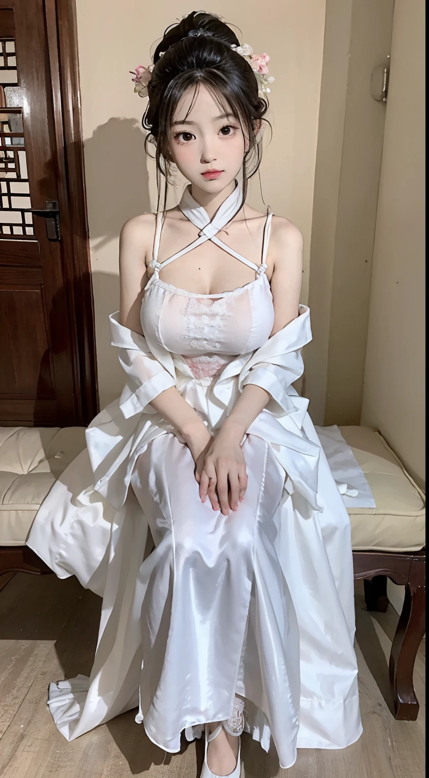 Master quality, highest quality, best picture quality, exaggerated details, a cute 8 year old asian with a shy expression, slightly squinted eyes, adjusting her hair, long eyelashes (long hair / very, very exaggerated big breasts, big tits / in petticoat dress tissue, ), posing sit in front of the camera, wet breast hanfu, slim and tall waist, silk lace, xintong chen, with open v acient chinese clothes, cheast detail , lagre breast detail,