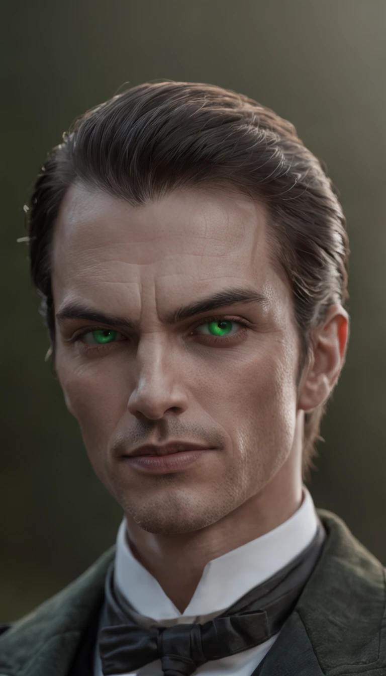 A male vampire with green eyes,his fangs can be seen, staring at the camera, edmund blair and charlie bowater, westworld, cinematic, promotional image,a vampire with fangs, altered carbon series, westworld style, inspired by Charles Harold Davis, medium shot