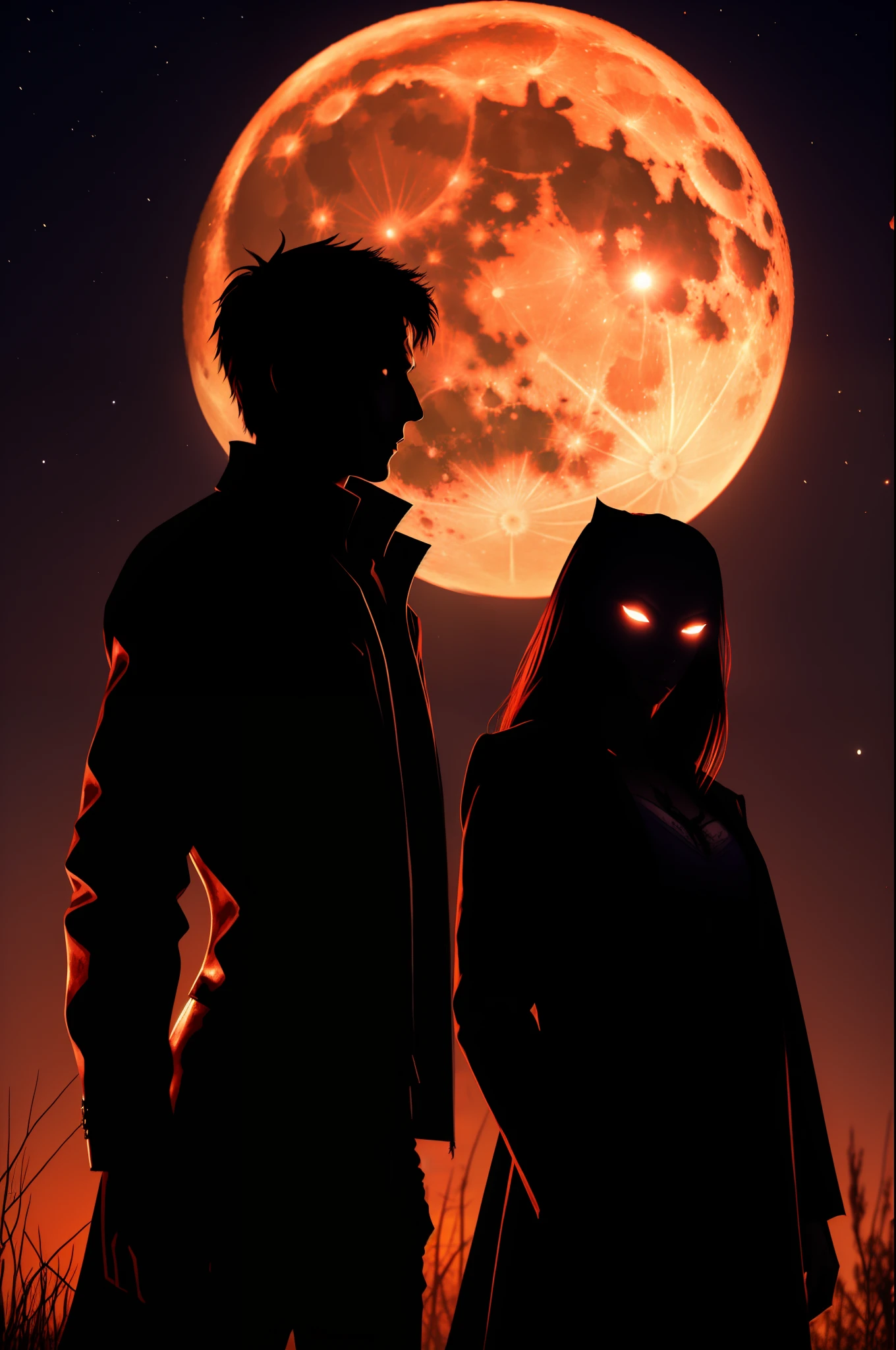 skinwalker and vampire, bright moon in the background