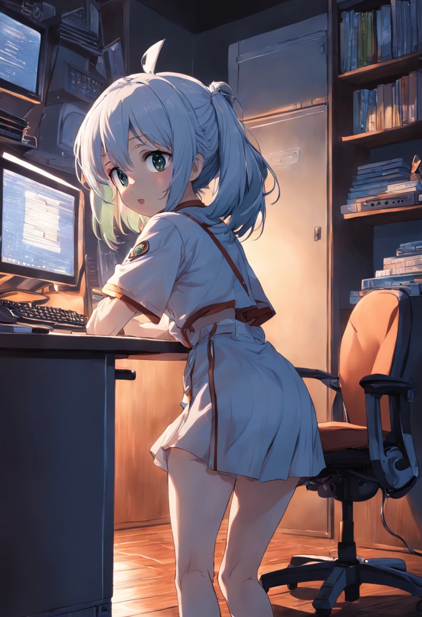 (Very detailed CG Unity 8K 壁紙),(masterpiece), (Highest quality), (Very detailed), (Best illustrations),(Best Shadow),1 Girl、front、Bold Pose、White micro bikini、Seaside、Put your hands on the desk(Slouch 1.2)、Angle from behind、Emphasize the chest、Close up on chest