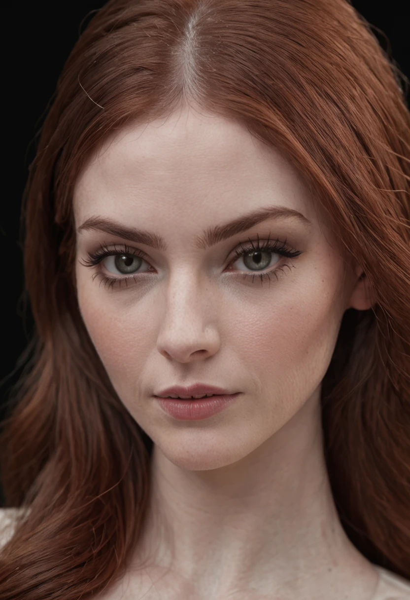 (fotografia em close-up de uma mulher inspirada em Karen Gillan), T-shirt logo in conical fine contour style, spelling view, arte em (fundo vazio:1.4)Hands, (em um plano de fundo preto escuro:1.4), Looking at camera, posing for camera.