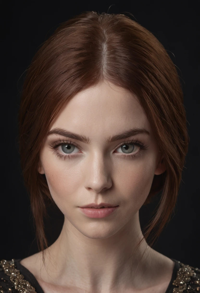 (fotografia em close-up de uma mulher inspirada em Karen Gillan), T-shirt logo in conical fine contour style, spelling view, arte em (fundo vazio:1.4)Hands, (em um plano de fundo preto escuro:1.4), Looking at camera, posing for camera.