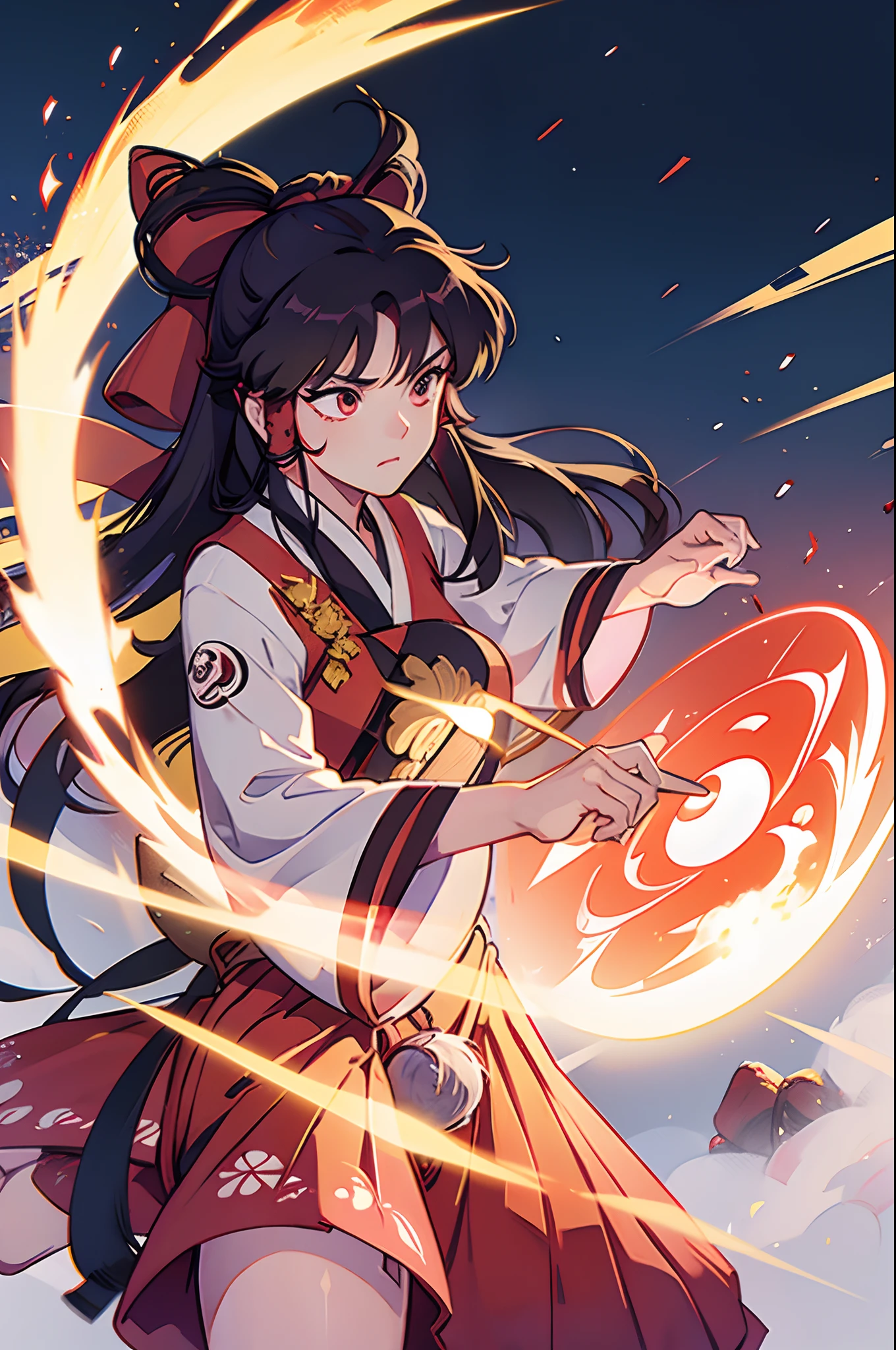 Reimu Hakurei, Touhou, Martial arts outfit, wuxia, fighting stance, chi, ying yang motive, Chinese fantasy, long sleeve, 1girl