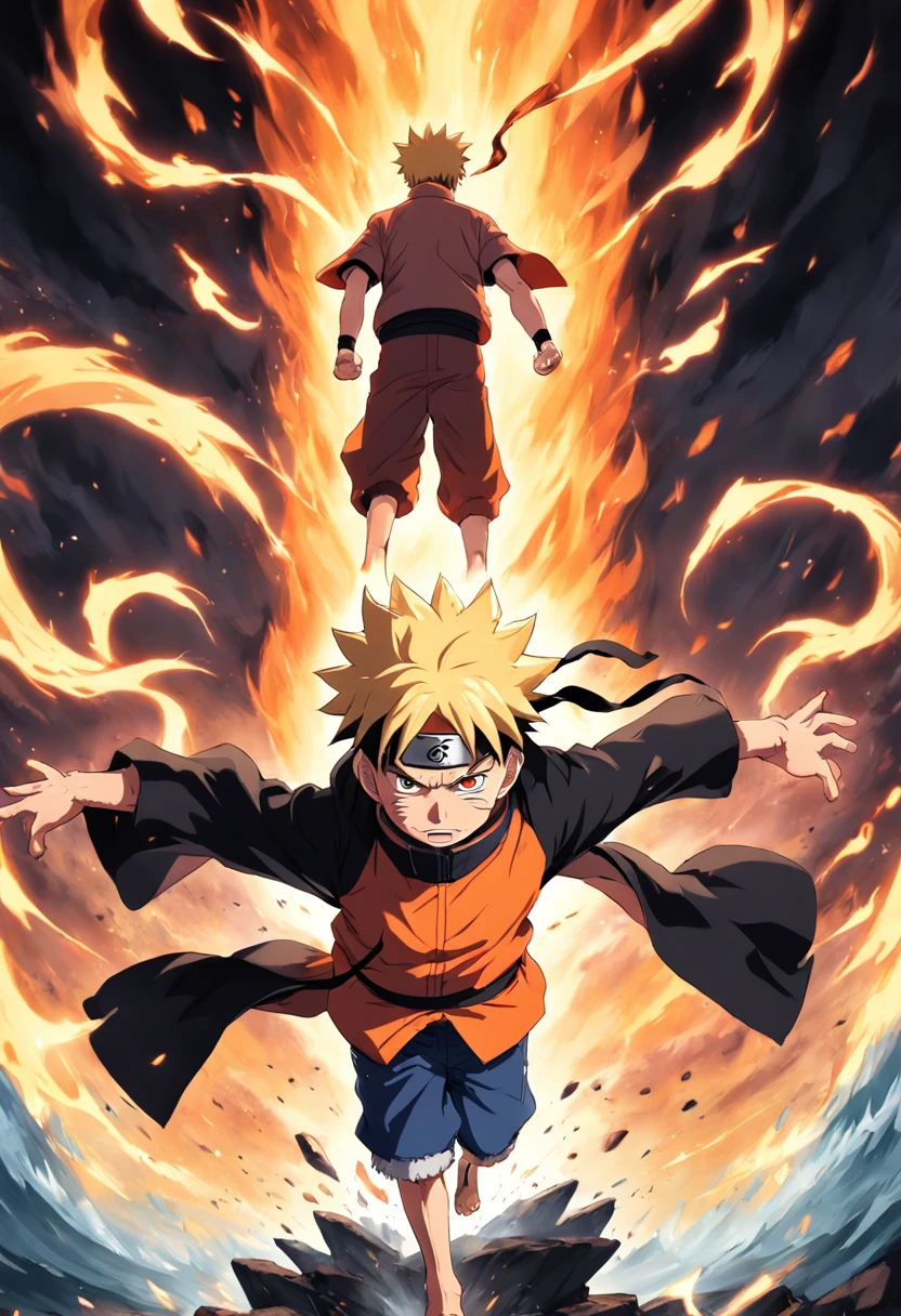 Design a gripping poster featuring Naruto from "Naruto" in a fit of rage. Capture the essence of his burning determination and unyielding spirit as he unleashes his wrath upon his enemies. Keep it short, bold, and intense to convey the raw power of Luffy's anger.