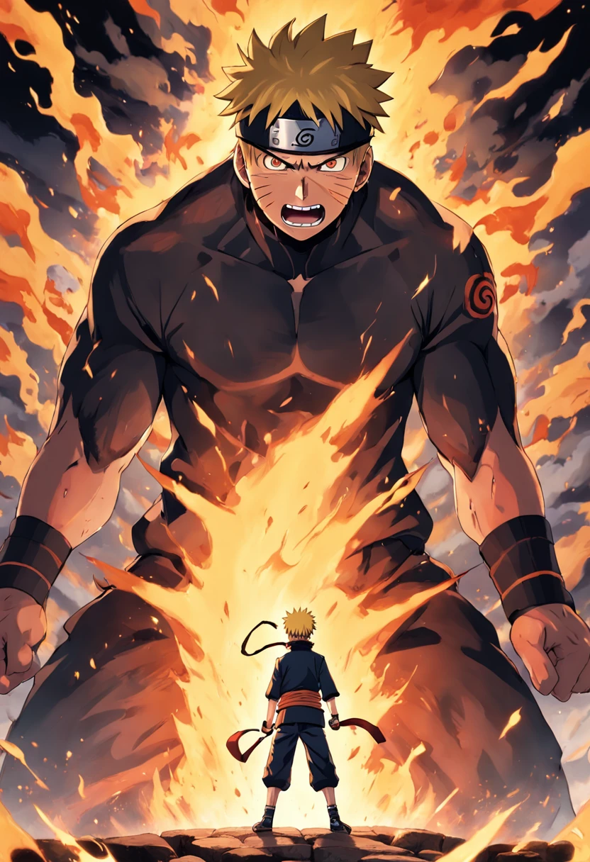 Design a gripping poster featuring Naruto from "Naruto" in a fit of rage. Capture the essence of his burning determination and unyielding spirit as he unleashes his wrath upon his enemies. Keep it short, bold, and intense to convey the raw power of Luffy's anger.