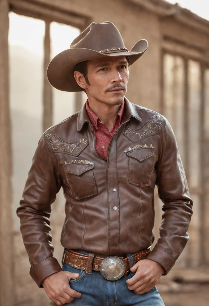 estilo cowboy ocidental, vaqueira, fotografia, best quality, Realistic, Realistic, detalhes intrincados, (detalhes finos), (detalhes intrincados), Cinematic light, Melhor qualidade de luz de fundo, linhas claras, 8k, super high resolution, Pureerosface_v1,
