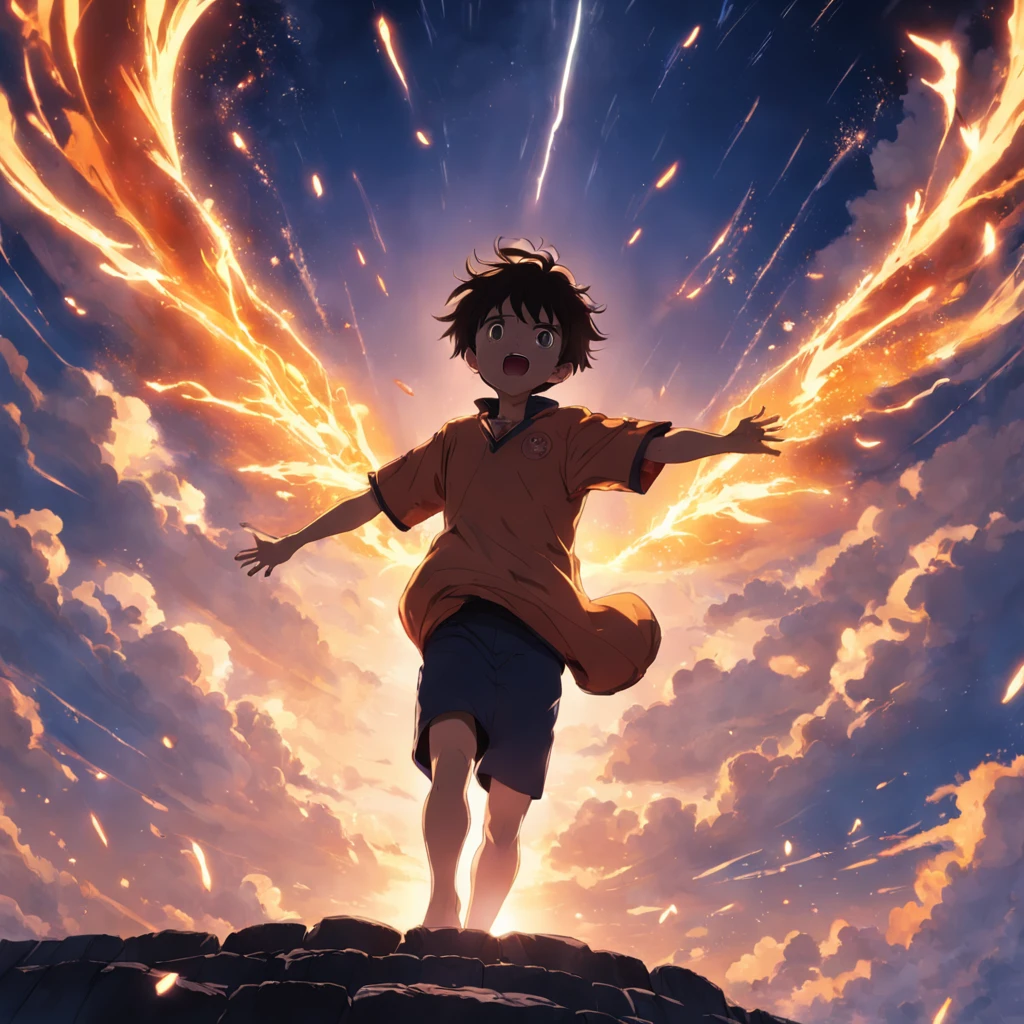 obra-prima, melhor qualidade, filme ainda, 1man, garoto nuvem, floating into the sky, close-up, brilhante, feliz, Soft lighting and Warm, sun sunset, (Sparks: 0,7)