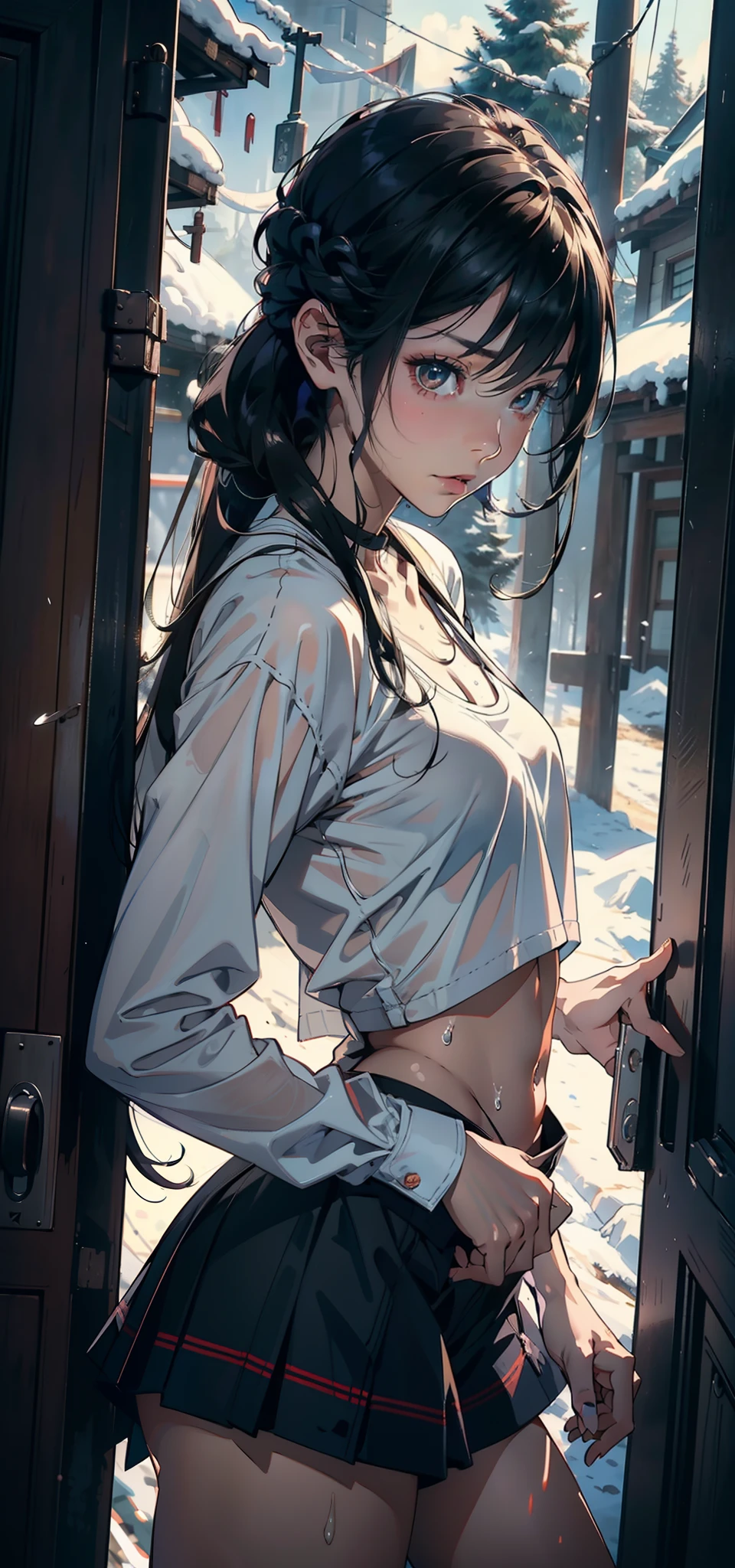 1female，，bit girl，super adorable，smallunderboob，Pornographic exposure， 独奏，（Background with：hilltop，coniferous forest，at winter season，Snow on the ground，exteriors） Feel free to hairstyle，Stride，Sweat profusely，drenched all over the body，seen from the front，Long black hair ， mostly cloudy sky，（（（tmasterpiece），（Very detailed CG unity 8K wallpaper），best qualtiy，cinmatic lighting，detailed back ground，beatiful detailed eyes，Bright pupils，（Very fine and beautiful），（Beautiful and detailed eye description），ultra - detailed，tmasterpiece，）），face to the viewer，frontage，A high resolution，ultra - detailed）nakeness，Wipe off panties，revealing breasts，Bare genitalia， Bulge，Camel toes，Raised sexy，Lewd expression，Flushed complexion，Open-mouthed，frontage，，（Wearing：Kindergarten uniforms）
