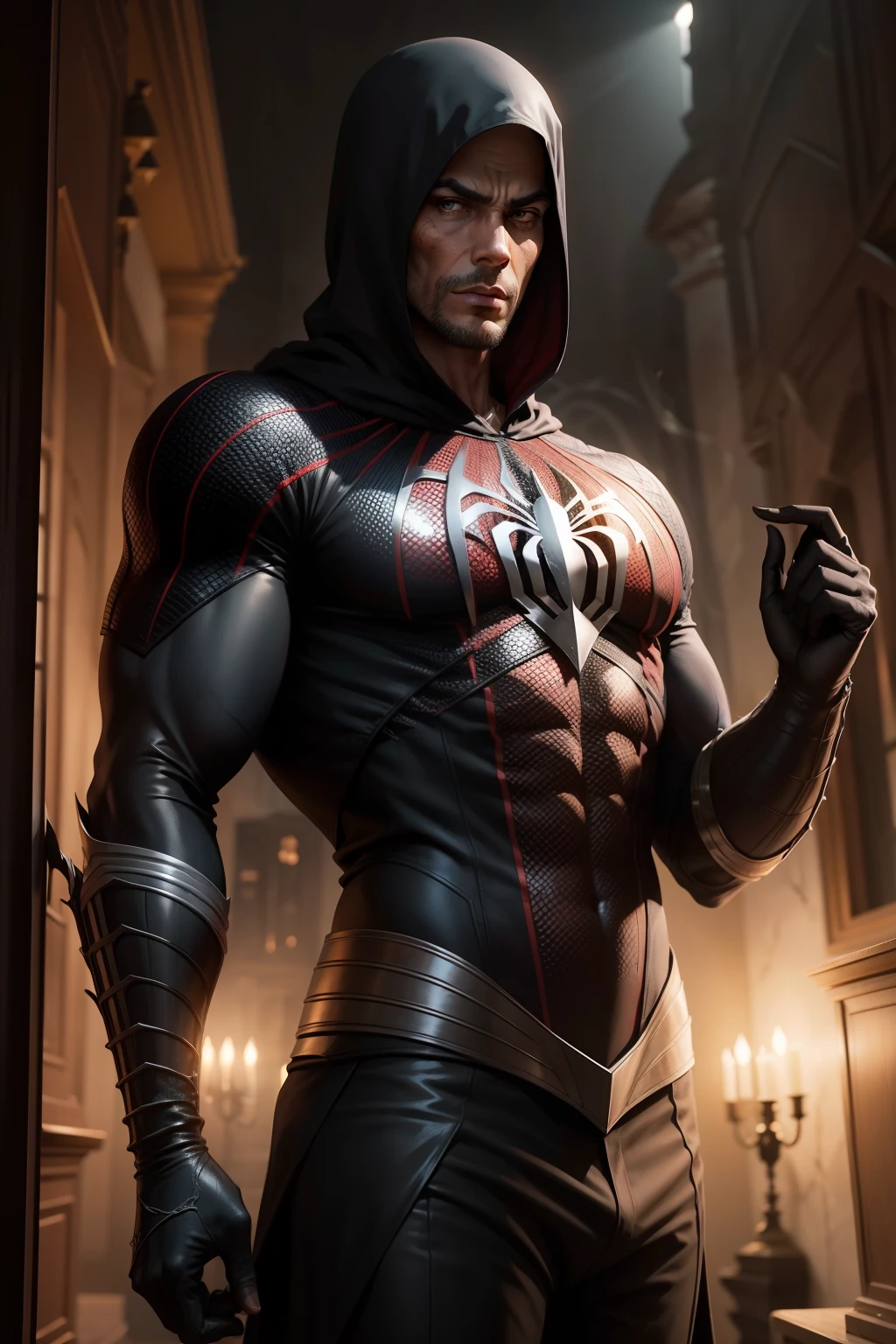 homem aranha com Assassin's em um fundo totalmente preto