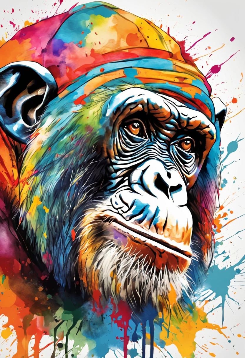 vetor vintage (camiseta pronta ((imprimir)) Colorful graffiti illustration of a chimpanzee, parte superior do corpo, dynamic shot, cor vibrante, High detail, foto real, .PSD, lamp film photography, foco nítido, contrast lighting, pele detalhada, 8k high resolution, Detalhe louco, Realistic, fotografia profissional, UHD, SLR CAM, soft lighting, alta qualidade, estilo Fujifilm XT3. Counter-diving angle, trending on ArtStation, HDR, fotorrealismo, Directed by: Enki Bilal, Matt Groening, 50k, Directed by: Jacob Lawrence