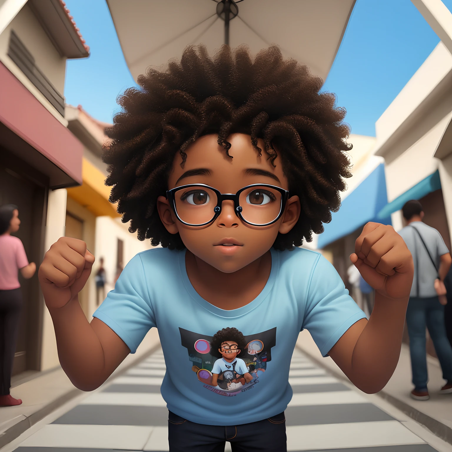 Um menino de 5 anos encontrando um mapa com uma capa colorida na rua. He has brown skin and curly hair style Black Powerestilondisney He wears blue frame glasses." Mostre ele com expressao de surpresa olhando para o mapa, a imagem tem que ser dele de corpo inteiro e meio de lado em perspectiva