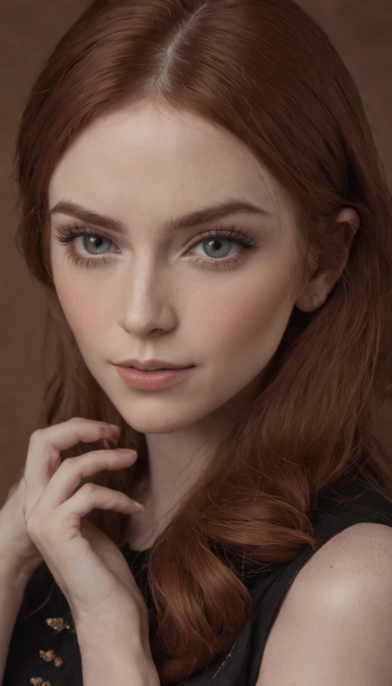(fotografia em close-up de uma mulher inspirada em Karen Gillan), T-shirt logo in conical fine contour style, spelling view, arte em (fundo vazio:1.4)Hands, (em um plano de fundo preto escuro:1.4), Looking at camera, posing for camera, ((corpo inteiro)), ((Photo taken from bottom to top angle))