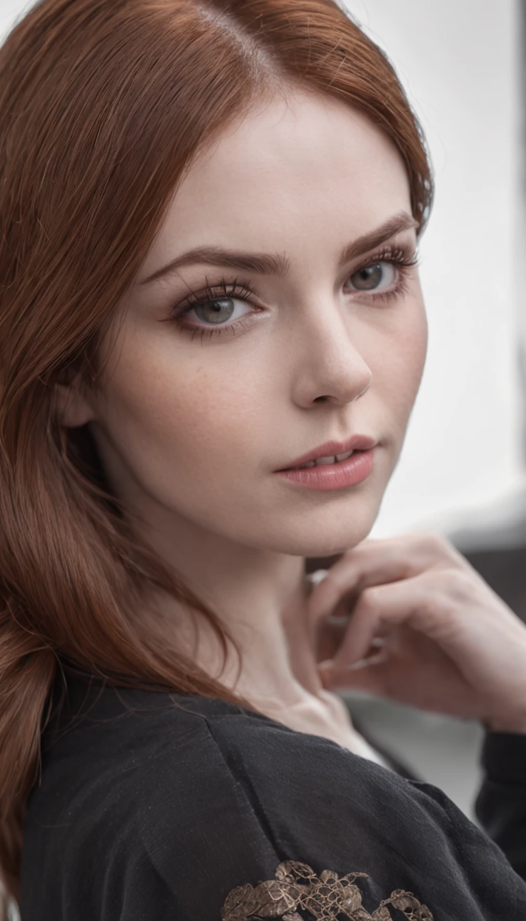 (fotografia em close-up de uma mulher inspirada em Karen Gillan), T-shirt logo in conical fine contour style, spelling view, arte em (fundo vazio:1.4)Hands, (em um plano de fundo preto escuro:1.4), Looking at camera, posing for camera, ((corpo inteiro)), ((Photo taken from bottom to top angle))