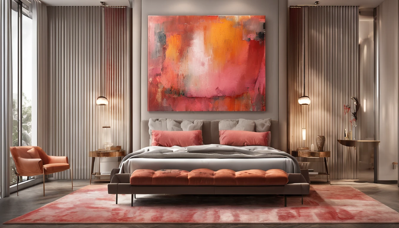 (professional 3d rendering:1.5) af (Actual:1.1) world's best artwork, ((fully furnished royal luxury bedroom, light red tones)), system rendering best 8k, very good light, extremely detailed, brilliant, photo-realistic, Realistic, Sharp focus, 8K , (Very detailed: 1.1), Sharp focus, illustration, (Illumination) globe, Studio lights, volumetric lighting), art station