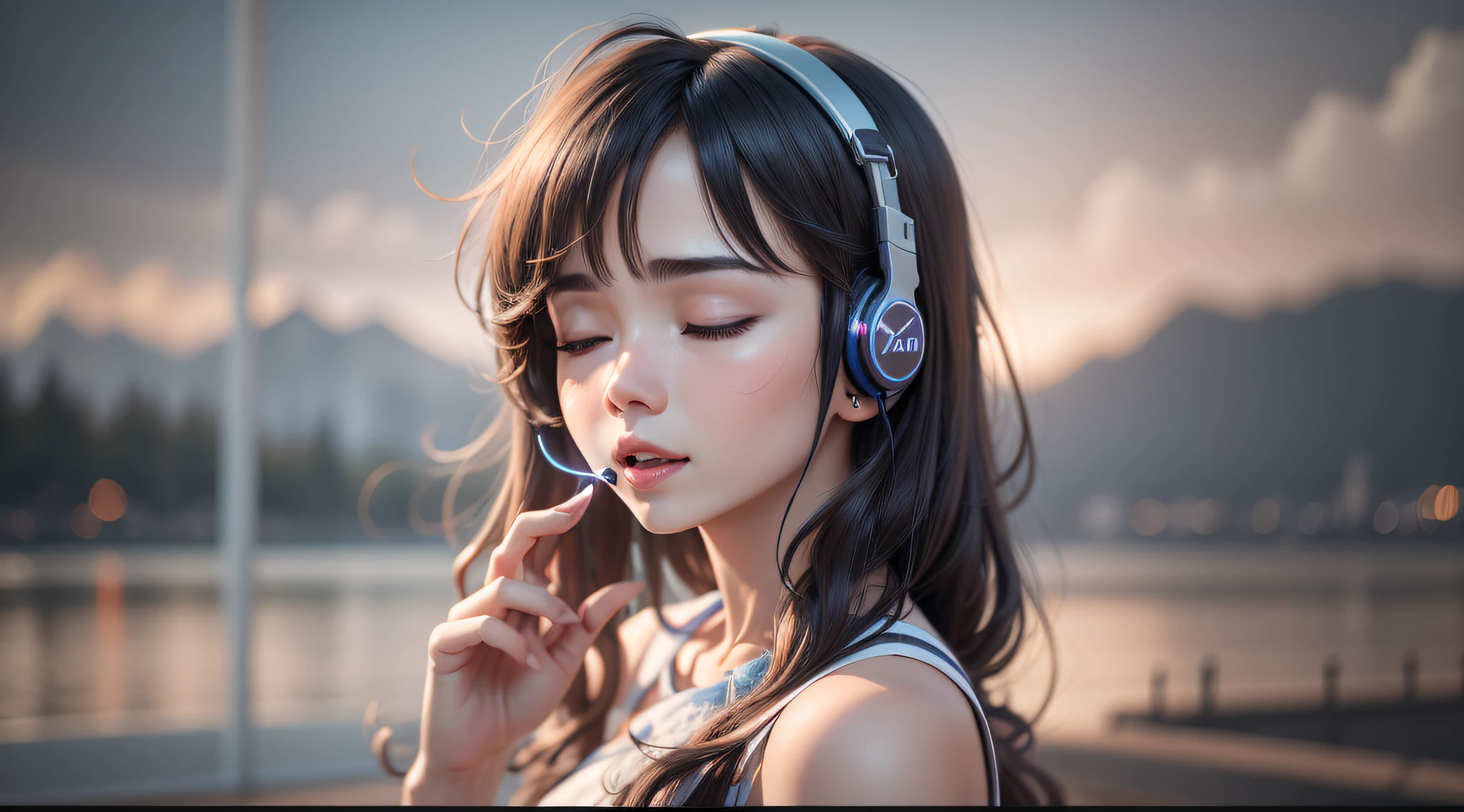 Woman with peace sense headset，closing her eyes，beauitful face，RGB colors，Anime brunette hair，Youku video banner，happy girls，RGB color cloud，Bright RGB colors，Black color hair，Very delicate face，tmasterpiece，best qualtiy，（超高分辨率，realisticlying，realisticlying，best qualtiy，realisticlying。Background nature，Detailed digital anime art, rendered in sfm, 3d anime girl