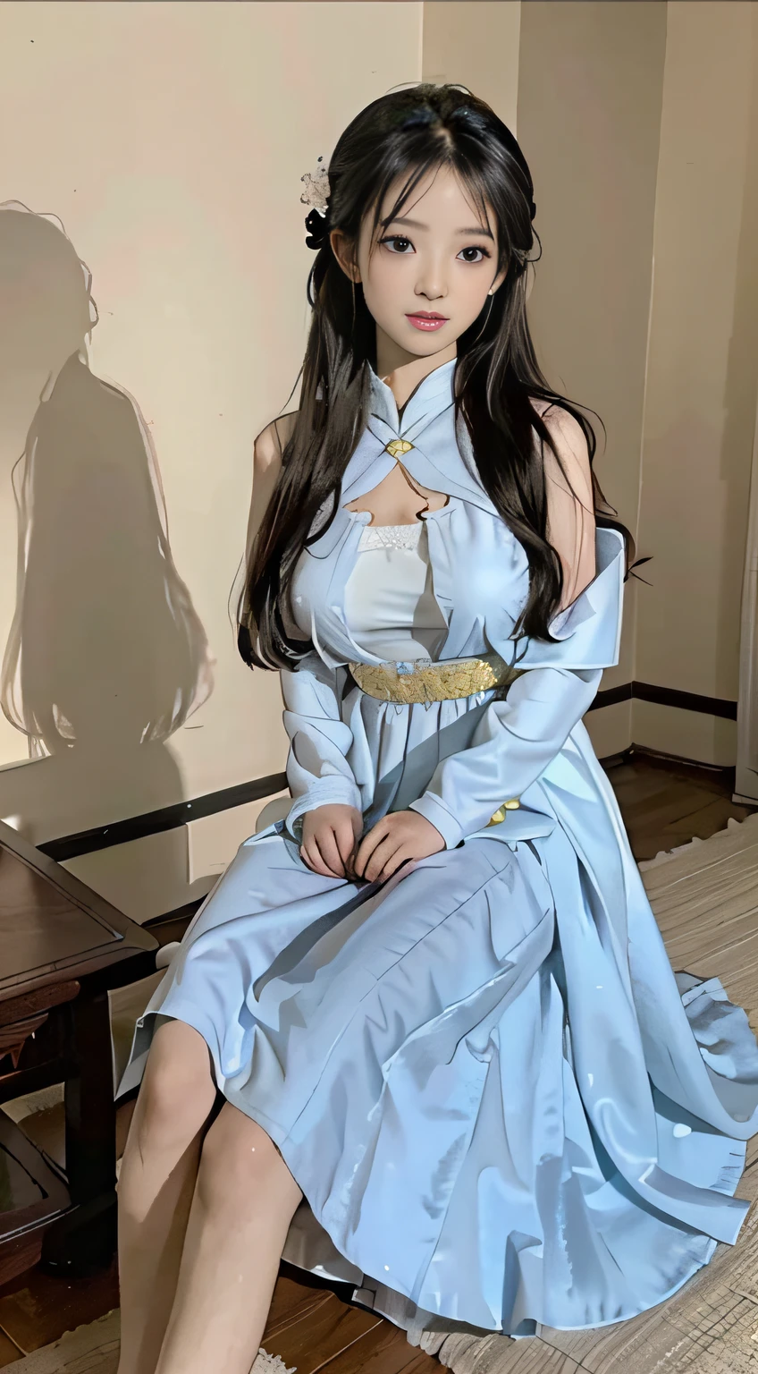 Master quality, highest quality, best picture quality, exaggerated details, a cute 8 year old asian little girl with a shy expression, slightly squinted eyes, adjusting her hair, long eyelashes (long hair / very, very exaggerated big breasts, big tits / in  petticoat dress tissue,  ), posing sit in front of the camera, wet breast hanfu,  slim and tall waist, silk lace,  xintong chen, with open v acient chinese clothes, cheast detail , lagre breast detail,