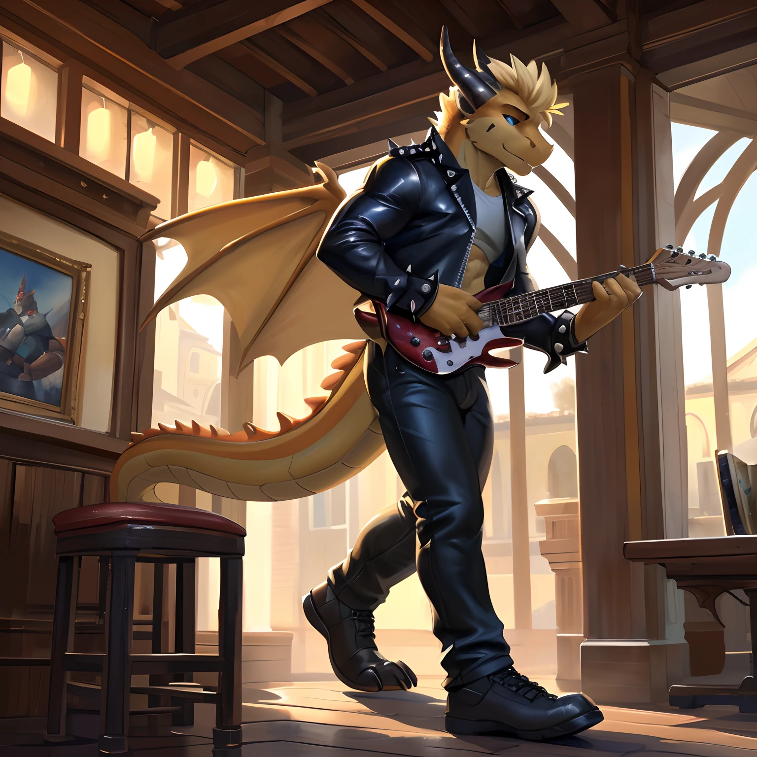 (masterpiece, best quality, high quality, highres:1.4), detailed, extremely detailed, ambient soft lighting, 4K, by (by Pino Daeni, (by ruaidri), yupa, kiyosan,(by meesh), (by fffffolder)), delga: (slim, athletic, dragon, yellow body, smooth skin, athletic muscle, anthro legs, (dragon feet), (toe claw), blue eyes, blonde spikes, (detailed eyes), dragon horn, dragon tail, two wings, dragon wings, wings on back, 45 years old, scar on left side of chest (clothing, (topwear: (spiked leather jacket and shirt), handwear:(none), bottomwear:(pants:black, [[leg armor]]))), handsome, closed_mouth, ((serious_look, serious)) tag:1boy), standing, performing, playing electric guitar, pov, (((inn))),
