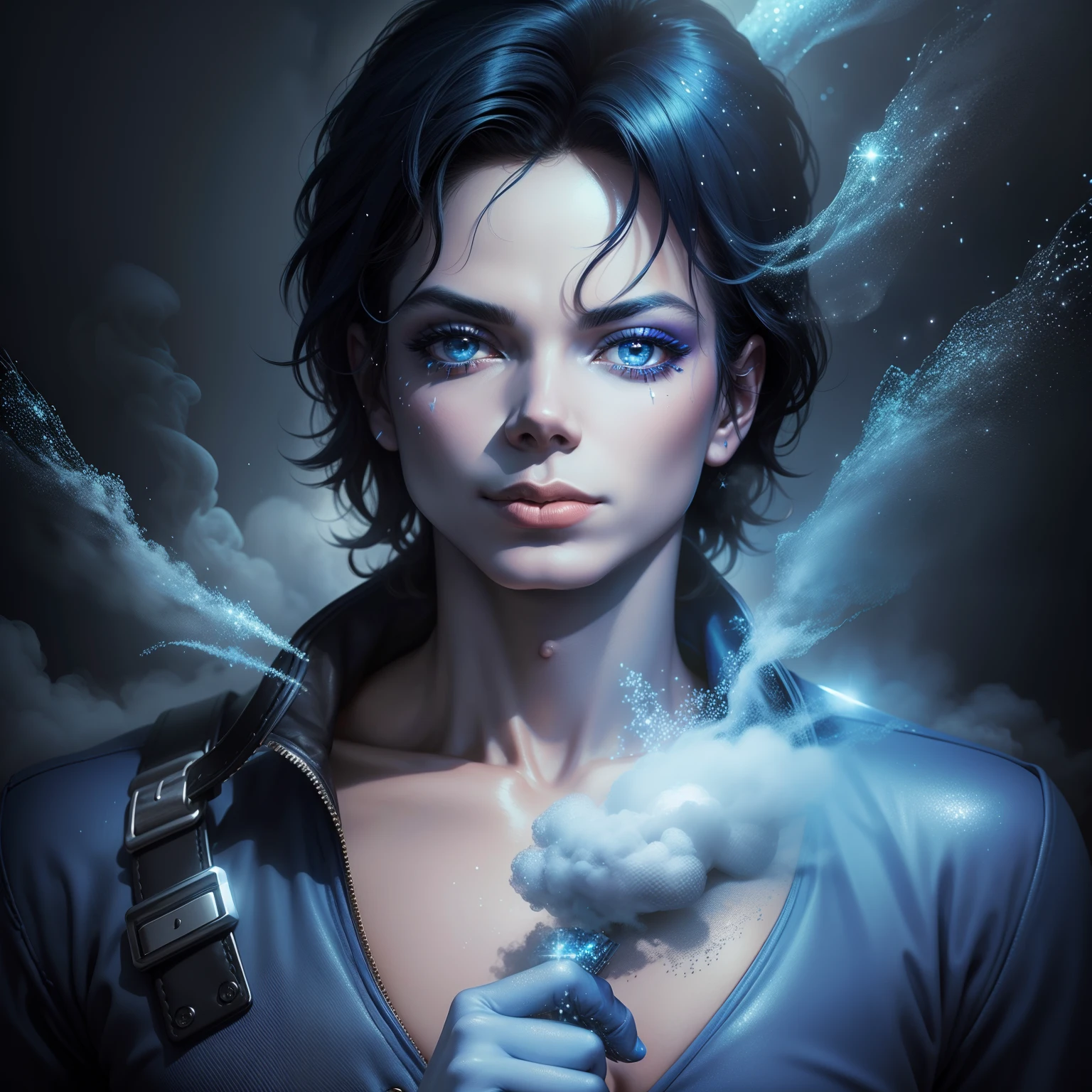 foto ultra realista, Qualidade 4k, Michael Jackson posing in a haze of blue smoke with Glitter, angelic, Glitter,uma postura um pouco feminina, azul glitter