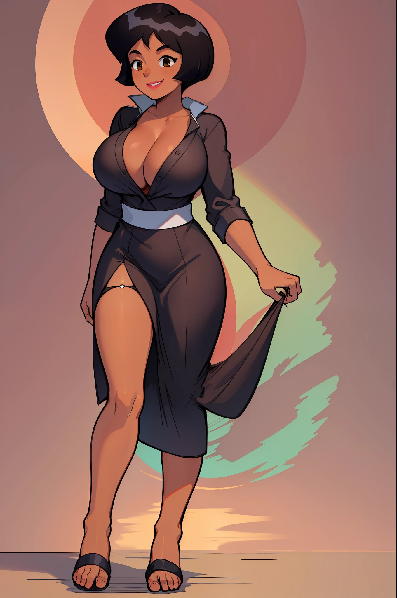 ((masterpiece, best quality)), 1girl,solo, upper body, alex, short hair, black hair, brown eyes, dark skin, tan, lipstick, black shirt, retro artstyle, gradient background,smile, walking, big breast,full body, flipflops, village , long robe, feet,five fingers