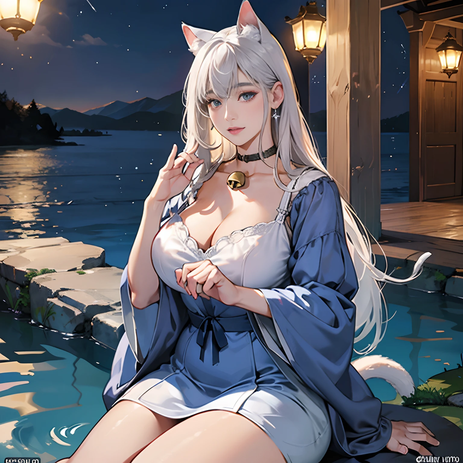 Women in Their 20s, offcial art, unity 8k wall paper, ultra-detailliert, beautifly、Aesthetic, masterpiece, top-quality, Photorealsitic、5-Fingers、Perfect fingers、Beautiful fingers、Big eyes、Cat-eared clan、Cat's ears、very thick tail:1.5、very thick and long tail、dark brown eyes、Silver-white hair、shorth hair、Short-cut hairstyles、Collar with bell:2.0、Blue Short Dress、depth of fields, Fantastic atmosphere, Calm palette, tranquil mood, Soft shading、cobblestone road、Stone signpost、Rivers and bridges、Beautiful Landscapes、bbw、very large breast、plump figure、Sky with stars、crescent、Lamp light