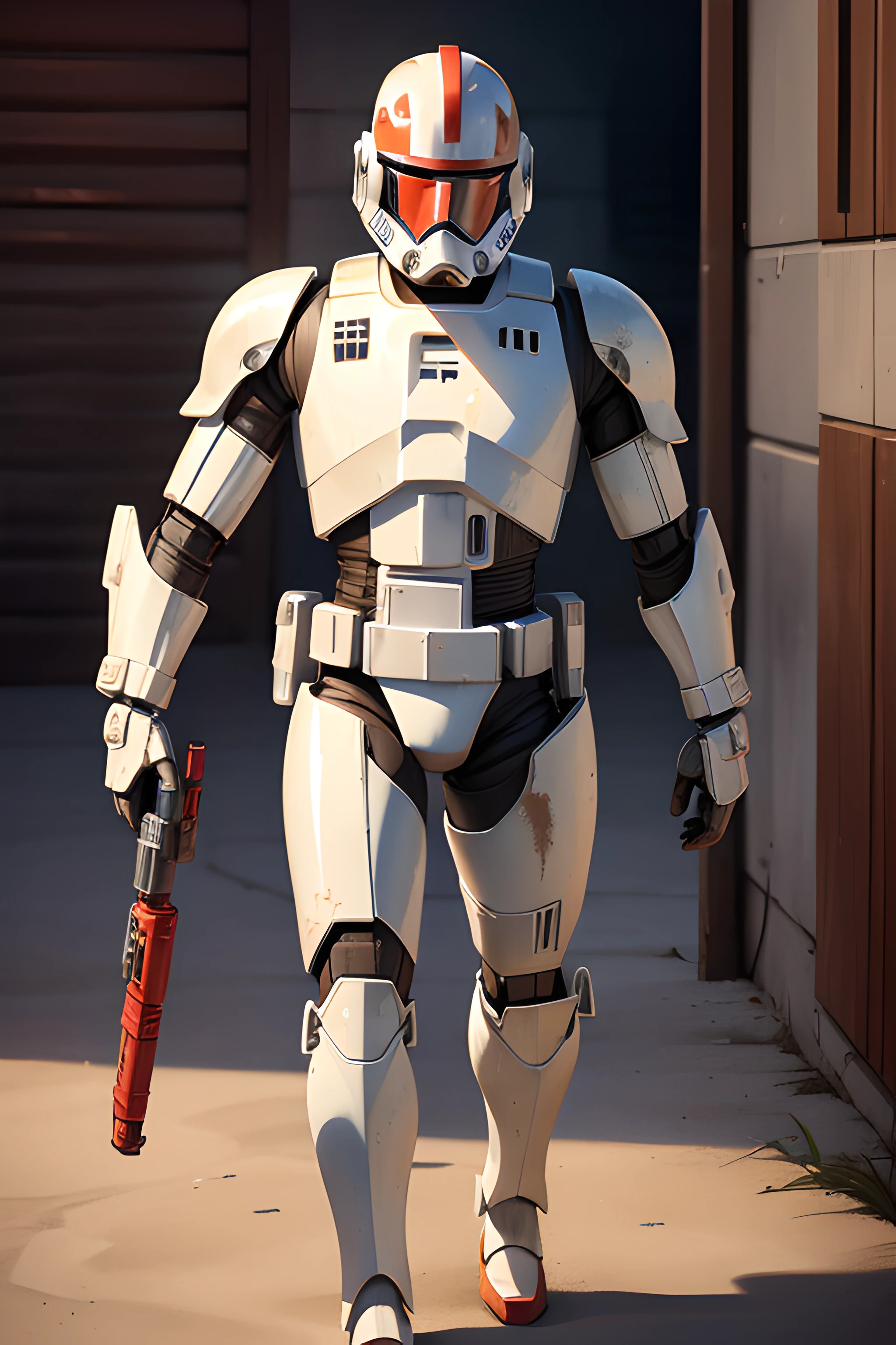 Perfect image, ((photorealistic)), full body, soldier with white stormtrooper type armor and red helmet, damaged and dirty armor, pistol in right hand, only red helmet. Communicator on the back with antenna, environment inside the ship, similar Star Wars, background lighting, cold lighting ((boken))