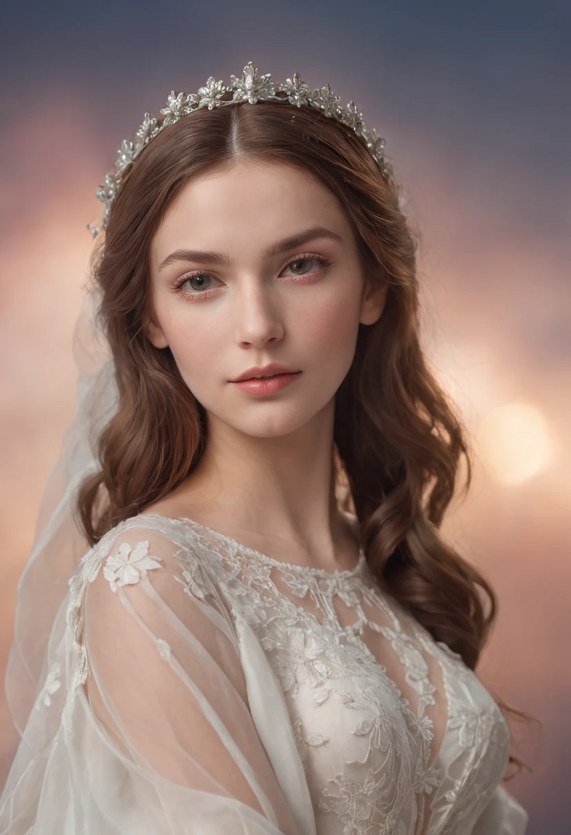 woman. beautiful and angelic, staring at the viewer, pleasant light, close-up portrait of the Virgin Mary, elegant long modern dress, Serene expression, Clear eyes with confident, background of night sky and twilight on the horizon, white clouds bg, Photorealism 4k, Made in Adobe Premier, Attention to historical accuracy and detail in angelic expression, soft tones, heavenly and pleasant atmosphere, by Igor Sid, Sergei Glushkov