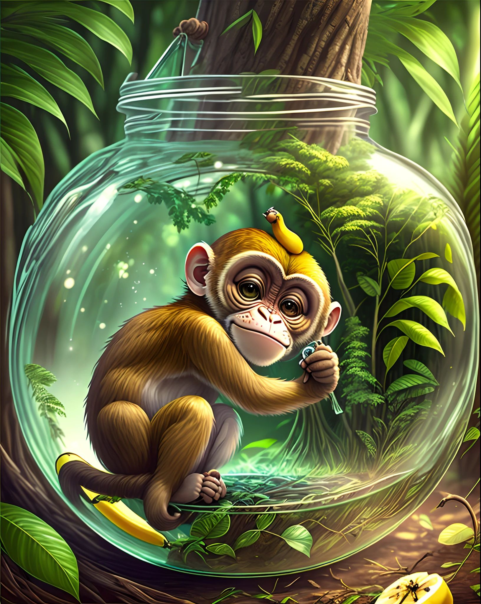 in a forest, a monkey tries to pick a banana out of a glass jar --auto --s2