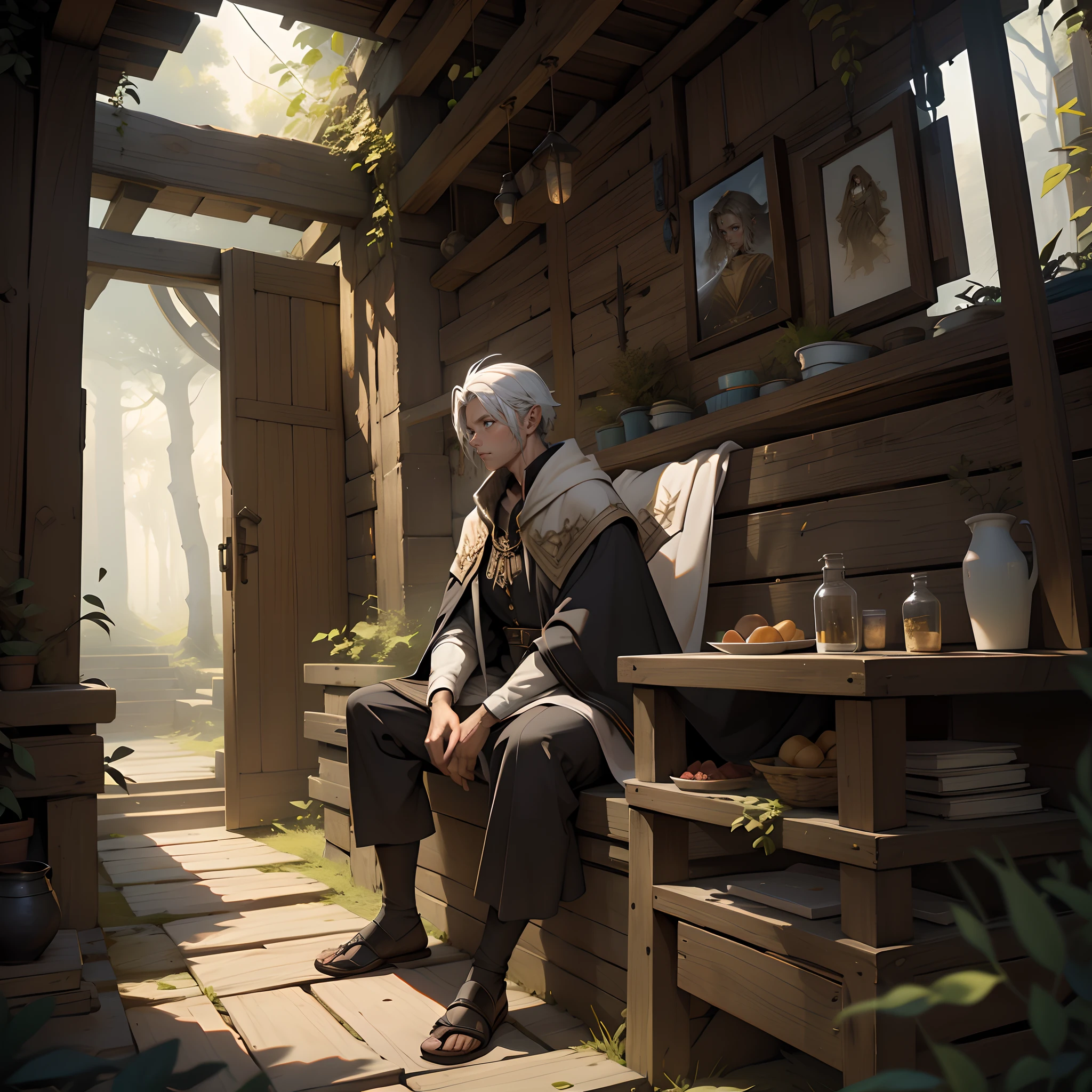 Um homem meio elfo de cabelos longos e castanhos, look of remorse and a doctor's outfit that has been turned into a cloak of adventures in a rustic way. Pelas suas vestes, o mesmo parece ter vindo de uma vila do interior. Ele possui uma cicatriz simples sobre o rosto, um brinco de prata na orelha esquerda e um saco de ervas e medicamentos no tronco. alta qualidade, without defects and deformations, arte escura, europeu, lo gothic, fantasia sombria.