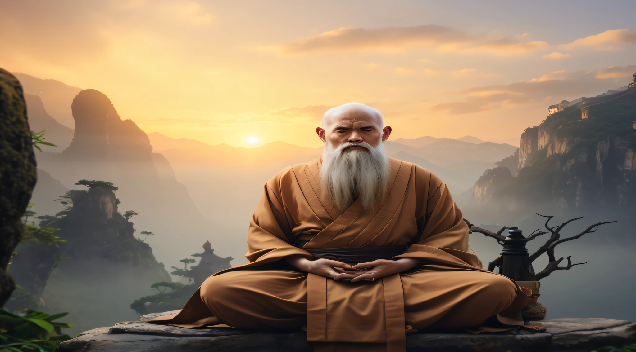 Image of a Chinese monk sitting on a rock with a man with a white beard, Monk's Meditation, Zen Meditation, taoist master, Chinese monk, Taoism, taoist, Taoism, flutuando em um poderoso estado zen, 2 1 st century monk, Zen Aesthetics, monge, Chinese monk, arte conceitual de um monge,Facing the camera squarely,wise eyes