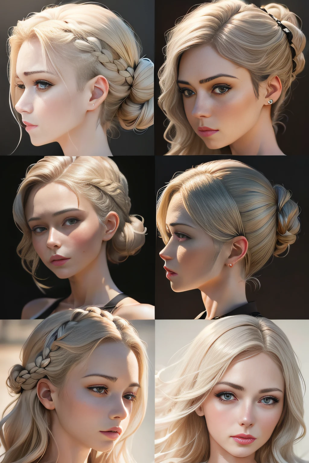 Collage of closeup photos showcasing different variations of professional hair styling on a female head including blond, brunette, and ashen hair. Best quality and ultra HD photorealistic image, no anime style!