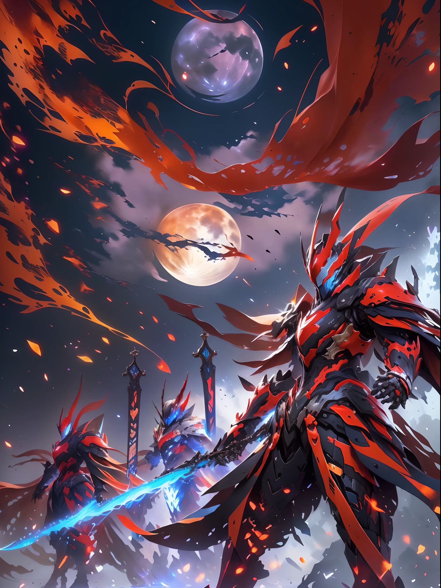 Anime characters wearing red cloaks and swords before the full moon, Badass anime 8 K, high quality warframe fanart, exquisite warframe fanart, Anime epic artwork, Anime art wallpaper 4 K, Anime art wallpaper 4k, anime mecha aesthetic, Onmyoji detailed art, detailed warframe fanart, High quality digital concept art, Dragon Knight, Red armor