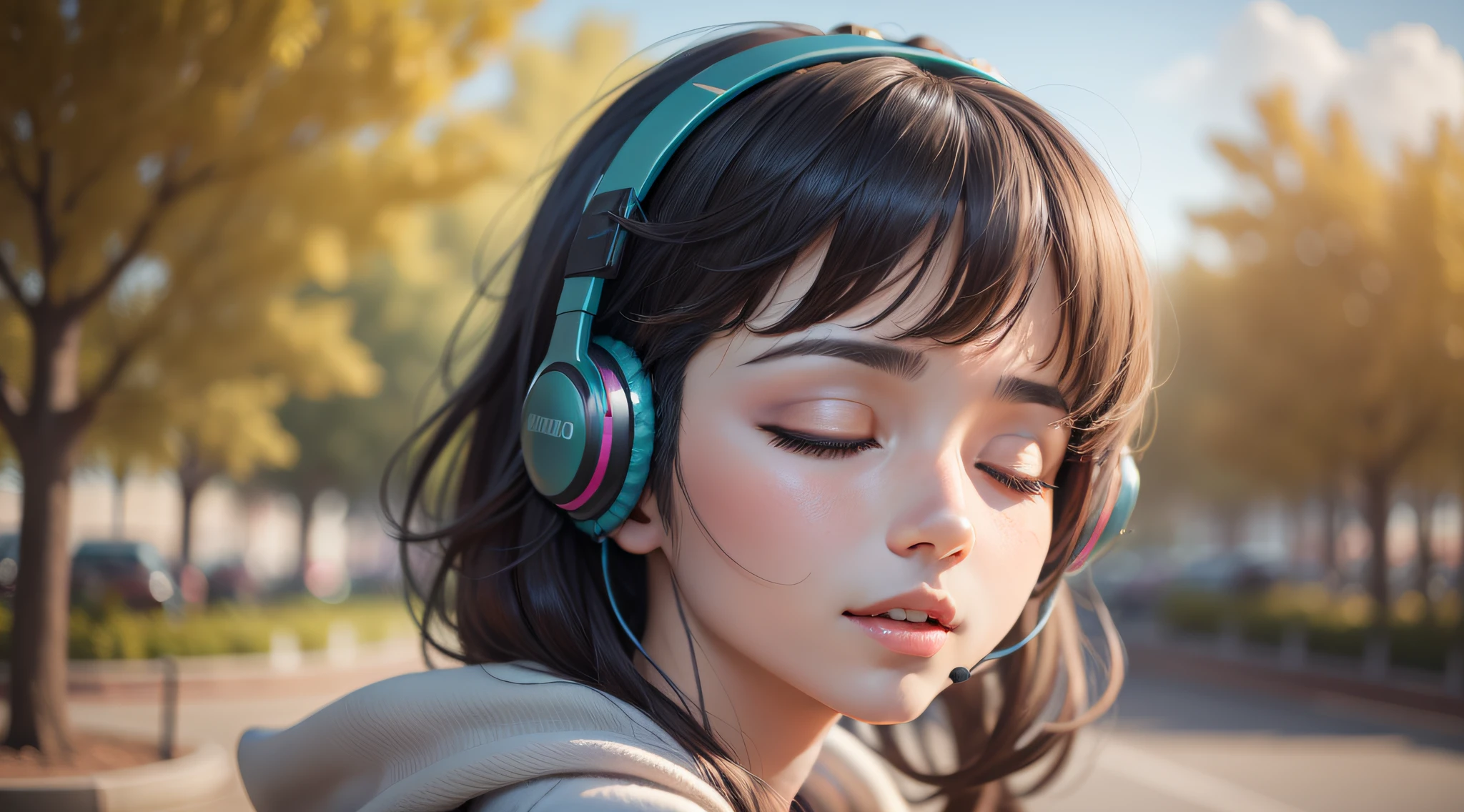 Woman with peace sense headset，closing her eyes，beauitful face，RGB colors，Anime brunette hair，Youku video banner，happy girls，RGB color cloud，Bright RGB colors，Black color hair，Very delicate face，tmasterpiece，best qualtiy，（超高分辨率，realisticlying，realisticlying，best qualtiy，realisticlying。Background nature，Detailed digital anime art, rendered in sfm, 3d anime girl