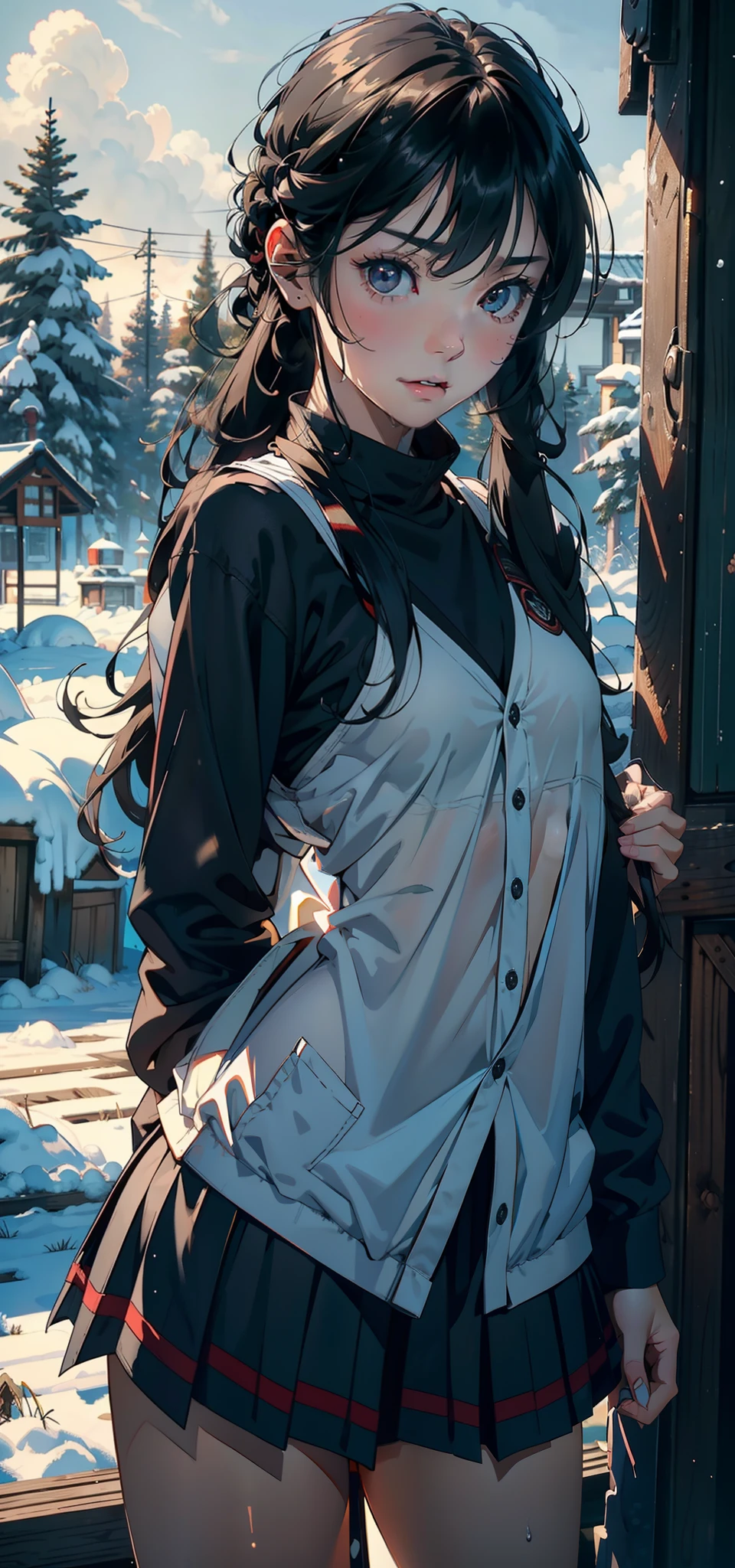 1female,11yo,bit girl,super adorable,smallunderboob,Pornographic exposure, 独奏,(Background with:hilltop,coniferous forest,at winter season,Snow on the ground,exteriors) Feel free to hairstyle,Stride,Sweat profusely,drenched all over the body,seen from the front,Long black hair , mostly cloudy sky,(((tmasterpiece),(Very detailed CG unity 8K wallpaper),best qualtiy,cinmatic lighting,detailed back ground,beatiful detailed eyes,Bright pupils,(Very fine and beautiful),(Beautiful and detailed eye description),ultra - detailed,tmasterpiece,)),face to the viewer,frontage,A high resolution,ultra - detailed)nakeness,Wipe off panties,revealing breasts,Bare genitalia, Bulge,Camel toes,Raised sexy,Lewd expression,Flushed complexion,Open-mouthed,frontage,elementary student,(Wearing:Elementary school uniform)