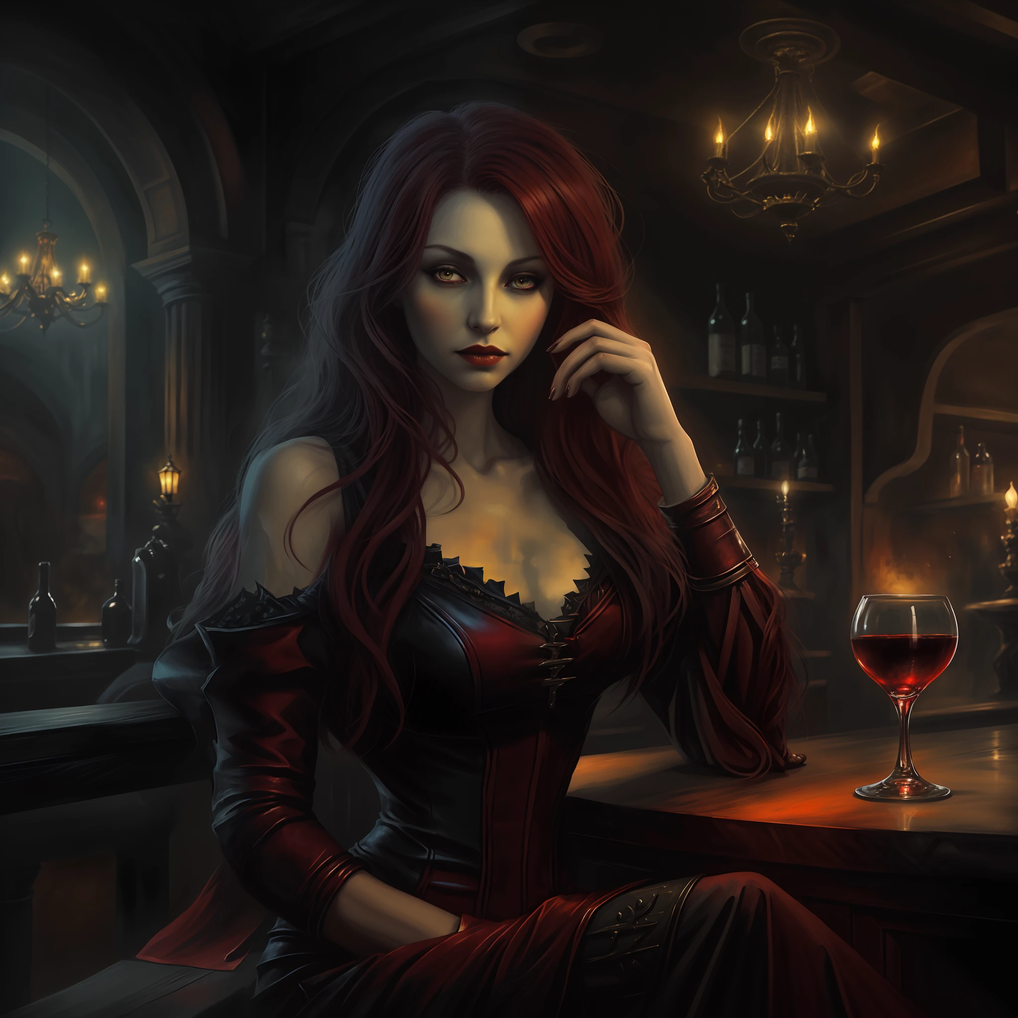 arafed, dark fantasy art, gothic art, (masterpiece: 1.5), full body best details, highly detailed, best quality, highres, a picture of a vampire waiting in a bar drinking wine, a female vampire (Masterpiece, best quality: 1.6), ultra feminine (best details, Masterpiece, best quality: 1.4) with a long curvy hair, red hair model715 , red eyes model715(fantasy art, Masterpiece, best quality: 1.4), ((beautiful delicate face)), pale skin, Ultra Detailed Face (best details, fantasy art, Masterpiece, best quality: 1.3), [vampiric fangs] (best details, fantasy art, Masterpiece, best quality: 1.5), [anatomically correct], wearing dress, white dress (best details, fantasy art, Masterpiece, best quality: 1.5), wearin high heels, sitting in bar, waiting for prey, drinking red wine, bar light, dim light, dark fantasy background (best details, fantasy art, Masterpiece, best quality: 1.5)