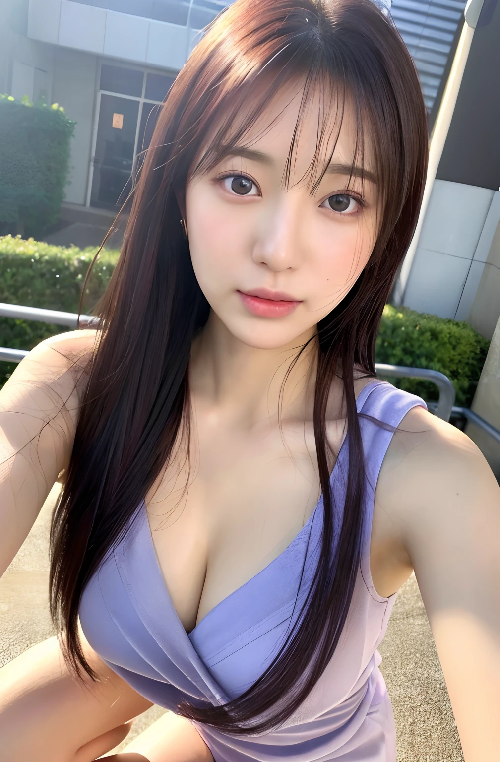 ((beste-Qualit、8K、​masterpiece:1.3))、1girl in、Beautiful woman with accentuated slim abs:1.3、(Casual Hairstyles、hugetits:1.2)、Casual clothing:1.2、interiors、Super Detail Face、Delicat eyes、二重まぶた、Soft breasts、A smile、Exposed cleavage、Purple underwear、Brown hair、Light purple underwear、hugetits、large full breasts、japanes、Looking at the camera、