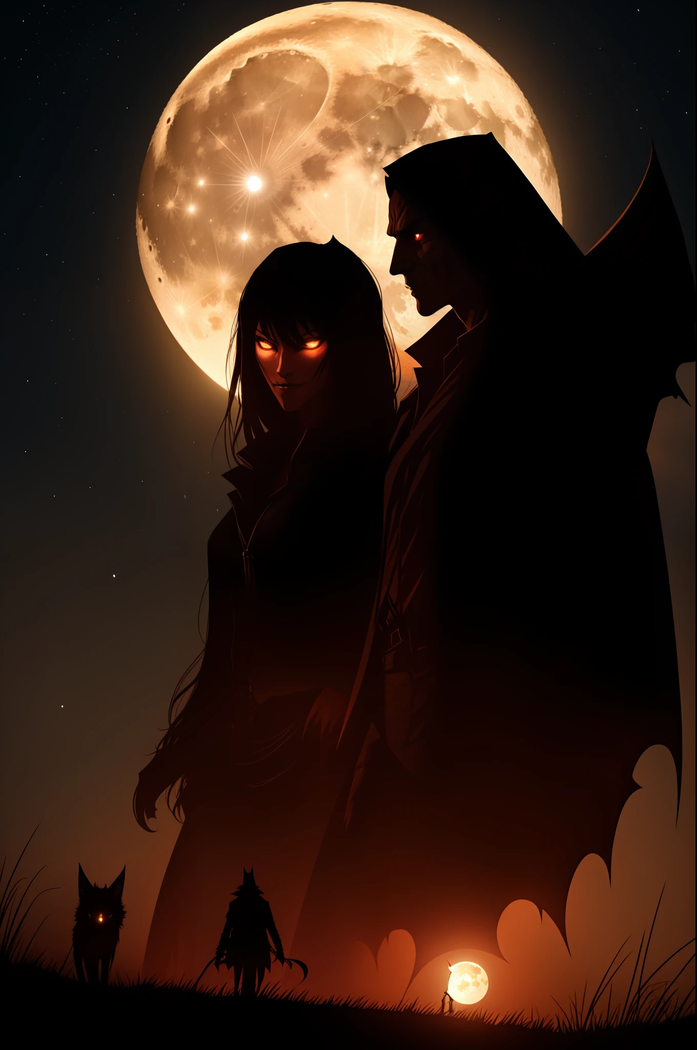 skinwalker and vampire, bright moon in the background