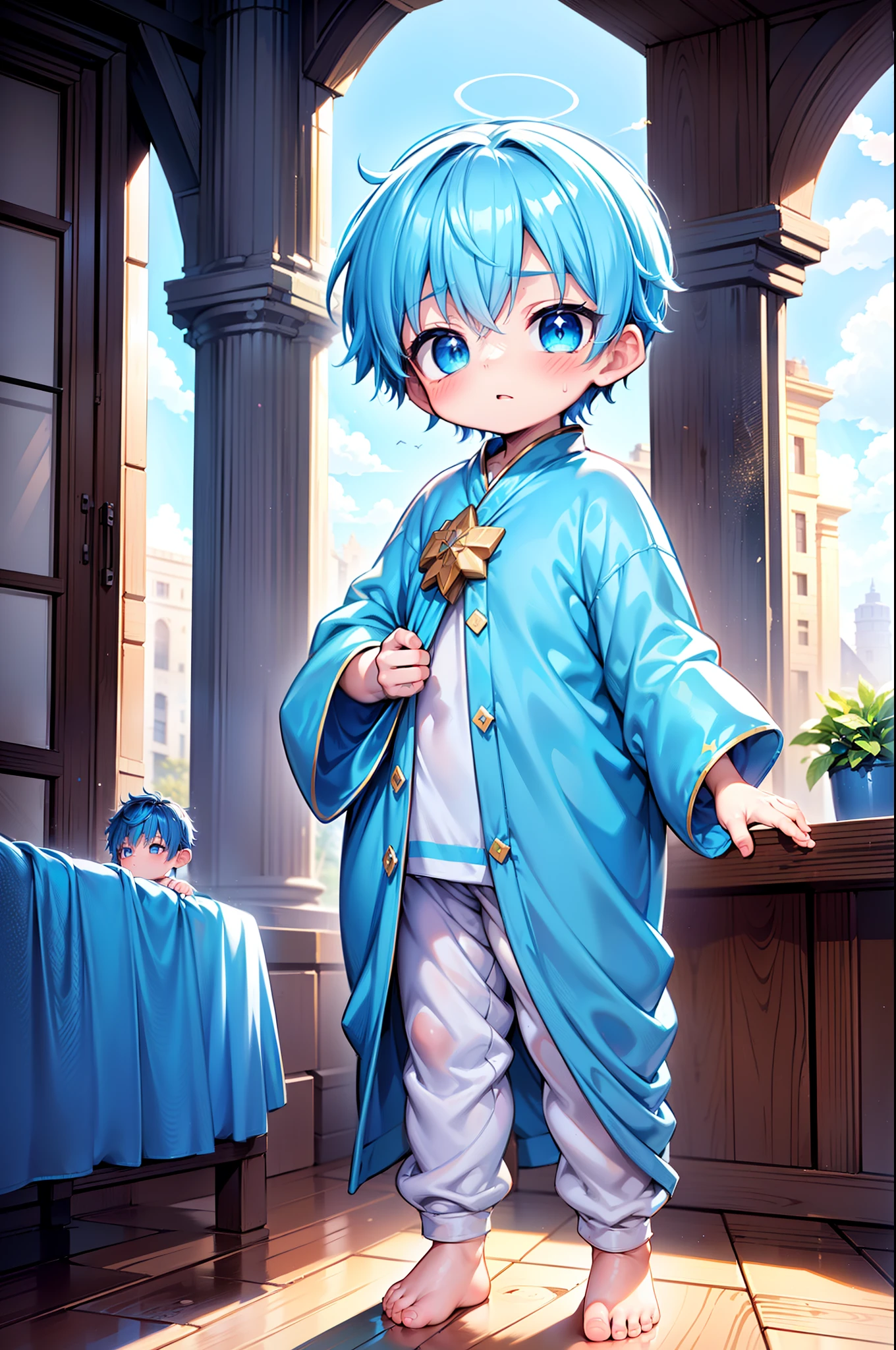 4k, (Masterpiece:1), ********** with blue colored hair and shiny, glowing cyan eyes and barefoot, standing on field, epic, cinematic, young, boy, child, small, toddler, tiny feet, focus on feet, feet, blushing, (Young:1.4), (Child:1.4), (Shota:1.4), (male:1.4), (boy:1.4), (divine clothes:1.4), (epic:1.4), (posing:1.4), (cinematic:1.4),