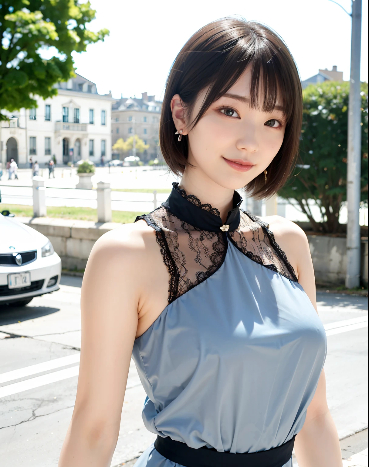 Woman posing on street corner wearing sheer lace dress, top quality, girl one, big breasts, sun, bright, blurred background, bokeh, outdoor, (street: 0.8), (people, crowd: 1), (cropped with lace) dress: 1.5, sleeveless dress, full body, light grey color clothes, light gray color high neck dress: 1.2, light gray color dress: 1.5), gorgeous ( Short hair, forehead: 1.2), sagging eyes, sky with beautiful details, earrings, (upper body: 0.8), soft lighting, wind, shiny skin, smile