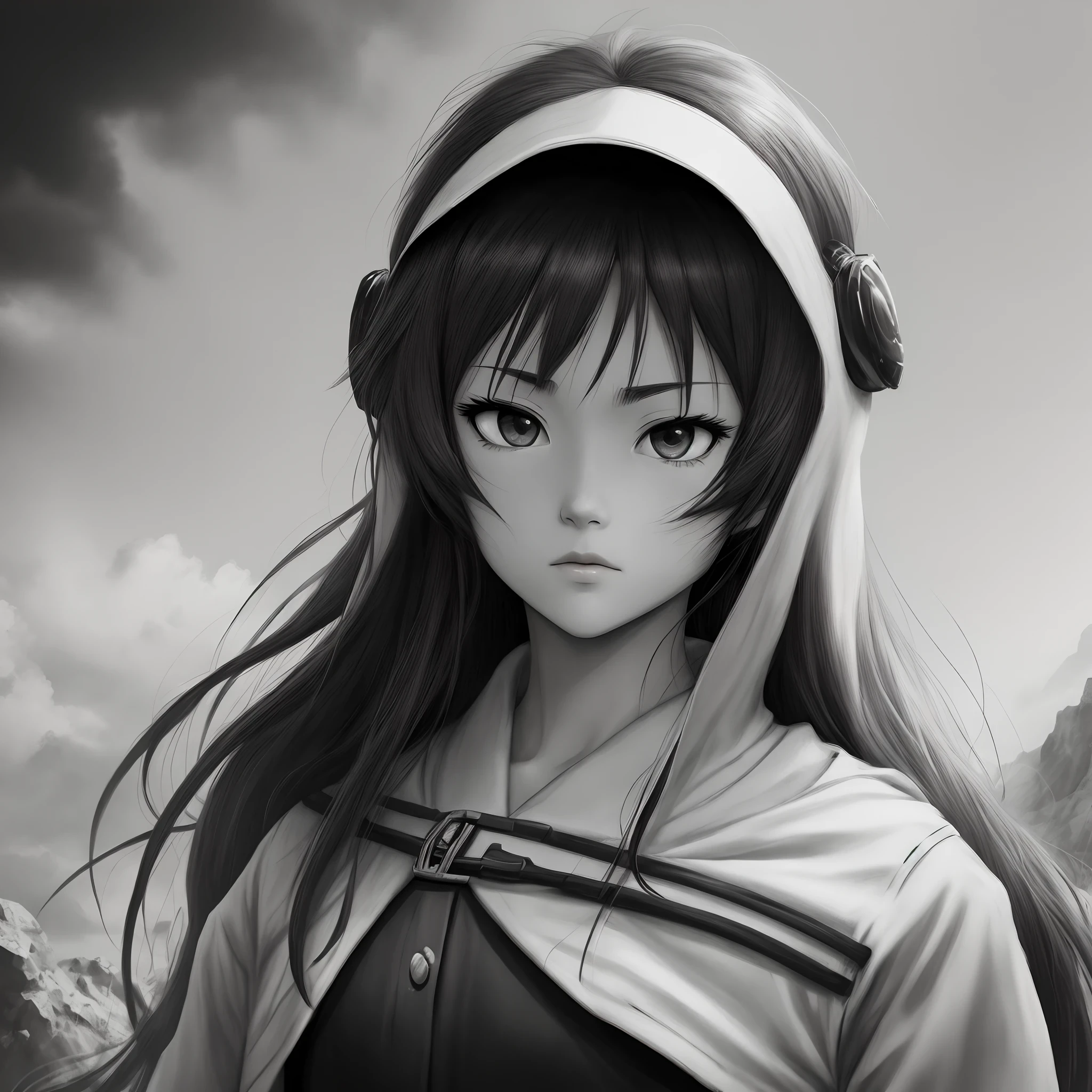 Black and white anime，World-weary face