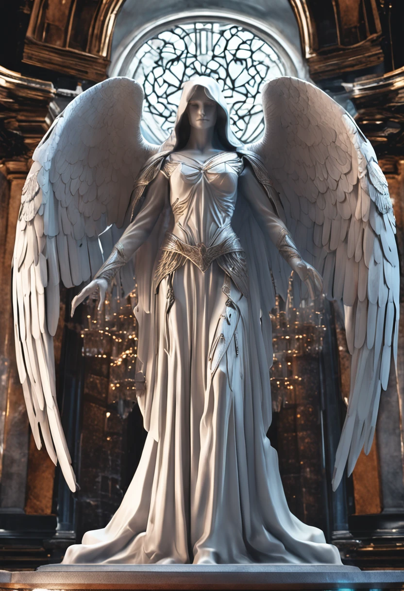 a close up of a statue of an angel with wings, the angel of death, angel of death, unreal engine render + a goddess, villainess has black angel wings, the angel of death with a halo, angel in plastic armor, flowing white robes, portrait of the angel of death, angel knight gothic girl, full - body majestic angel, angel protecting woman, cover art, grasp on to life, hanging on to life